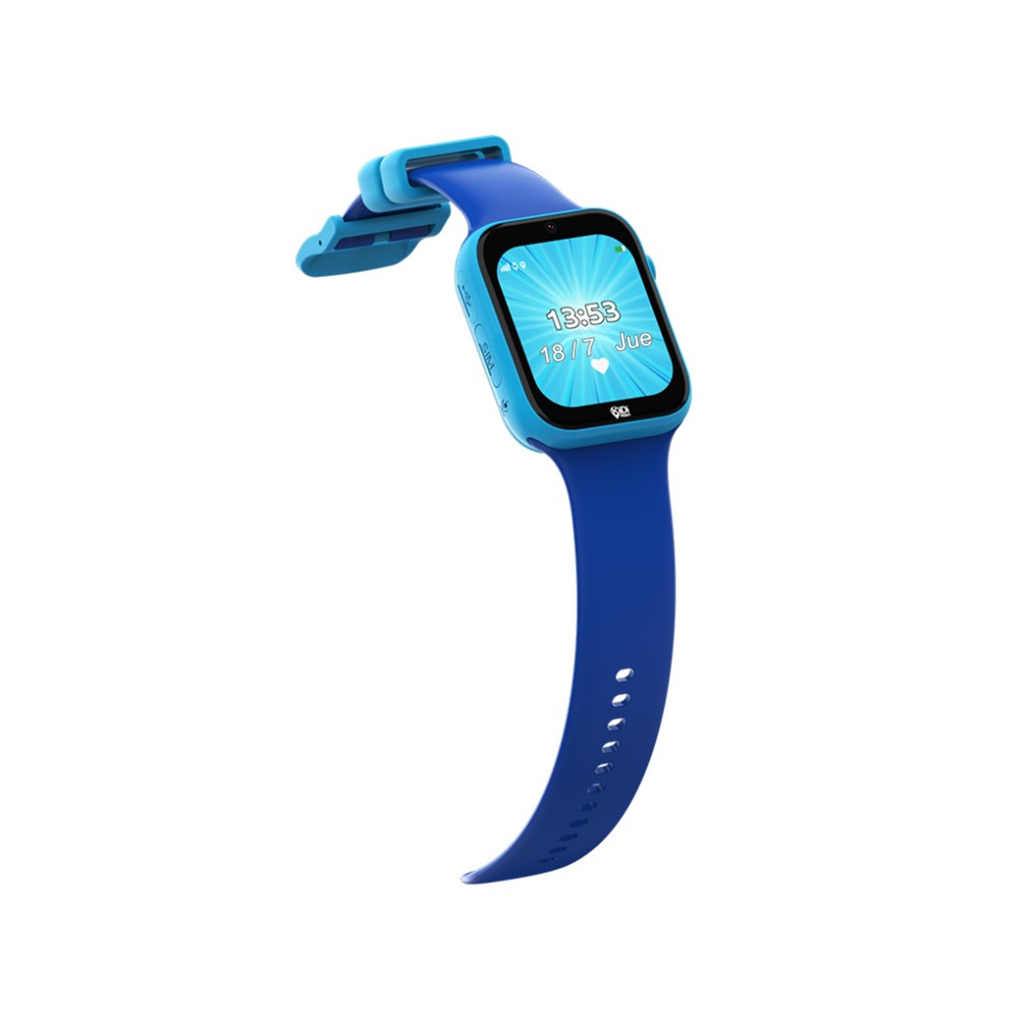 Un reloj inteligente azul con pantalla digital que muestra la hora y la fecha. Tiene una correa azul.