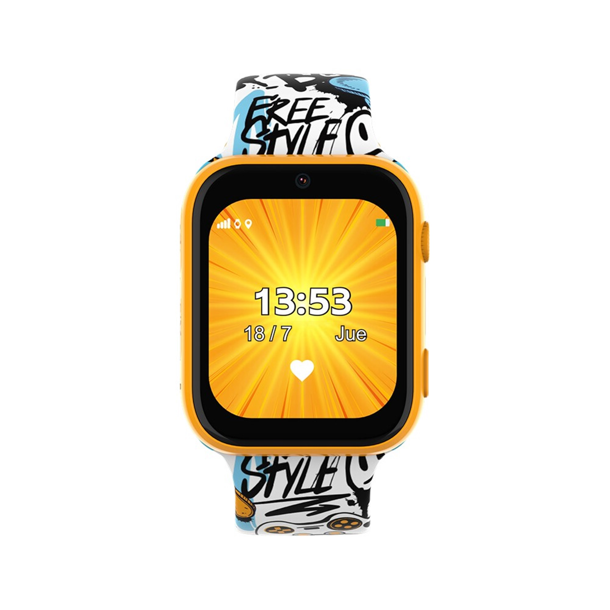 Un reloj inteligente con marco amarillo y correa colorida que muestra la hora y un icono de corazón.