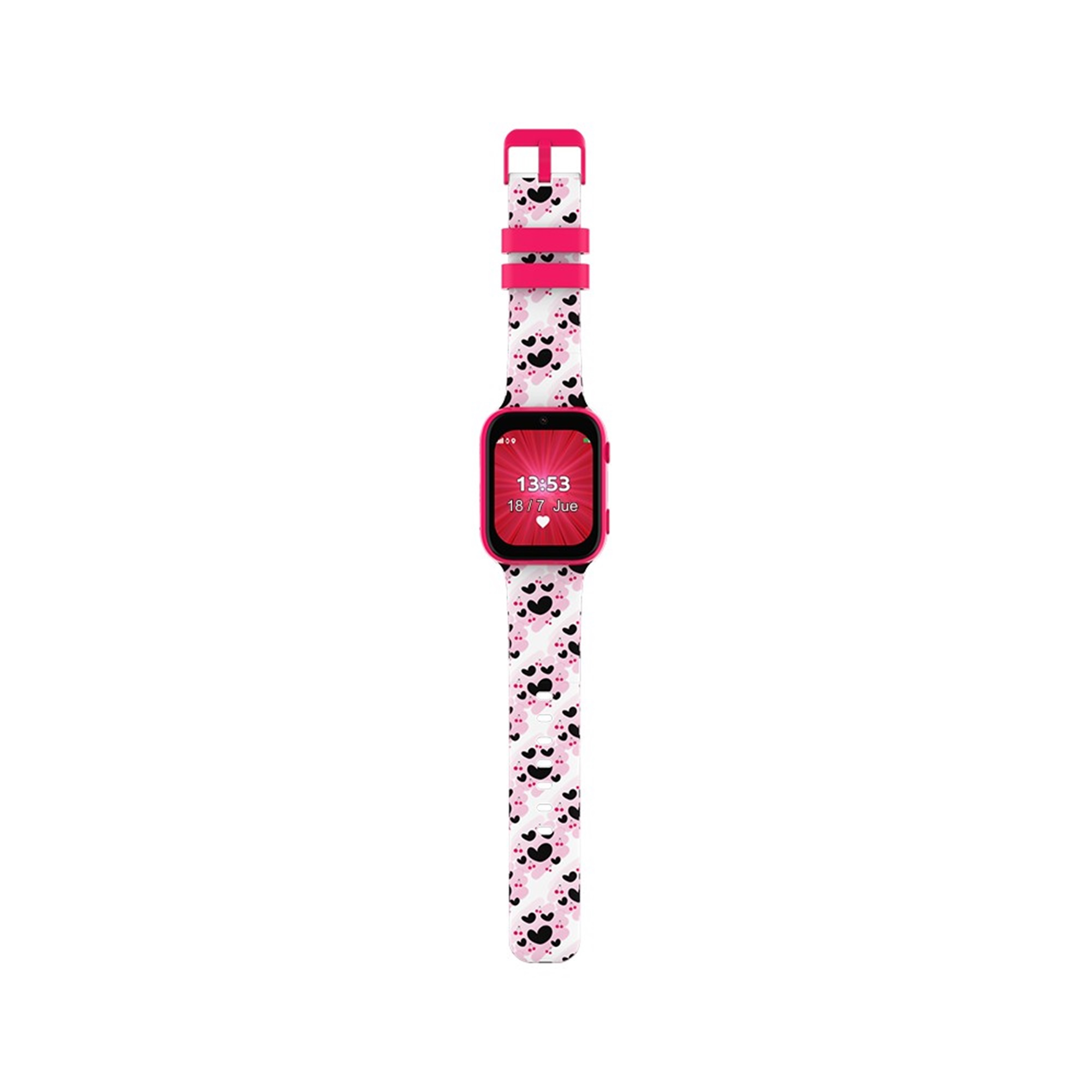 Un reloj inteligente rosa y blanco con corazones en la correa, que muestra la hora.
