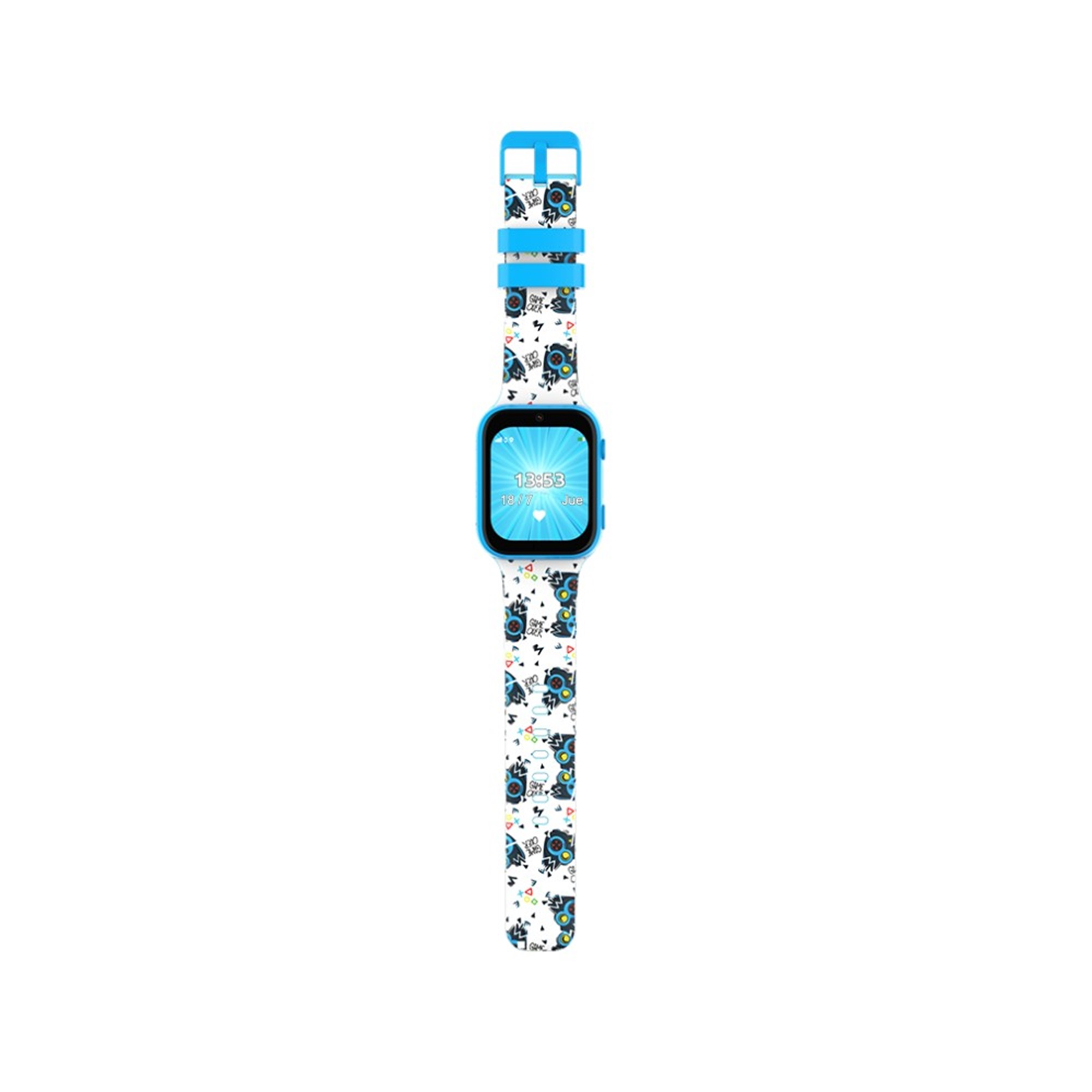 Un reloj inteligente azul y blanco con una banda estampada, mostrando la hora.