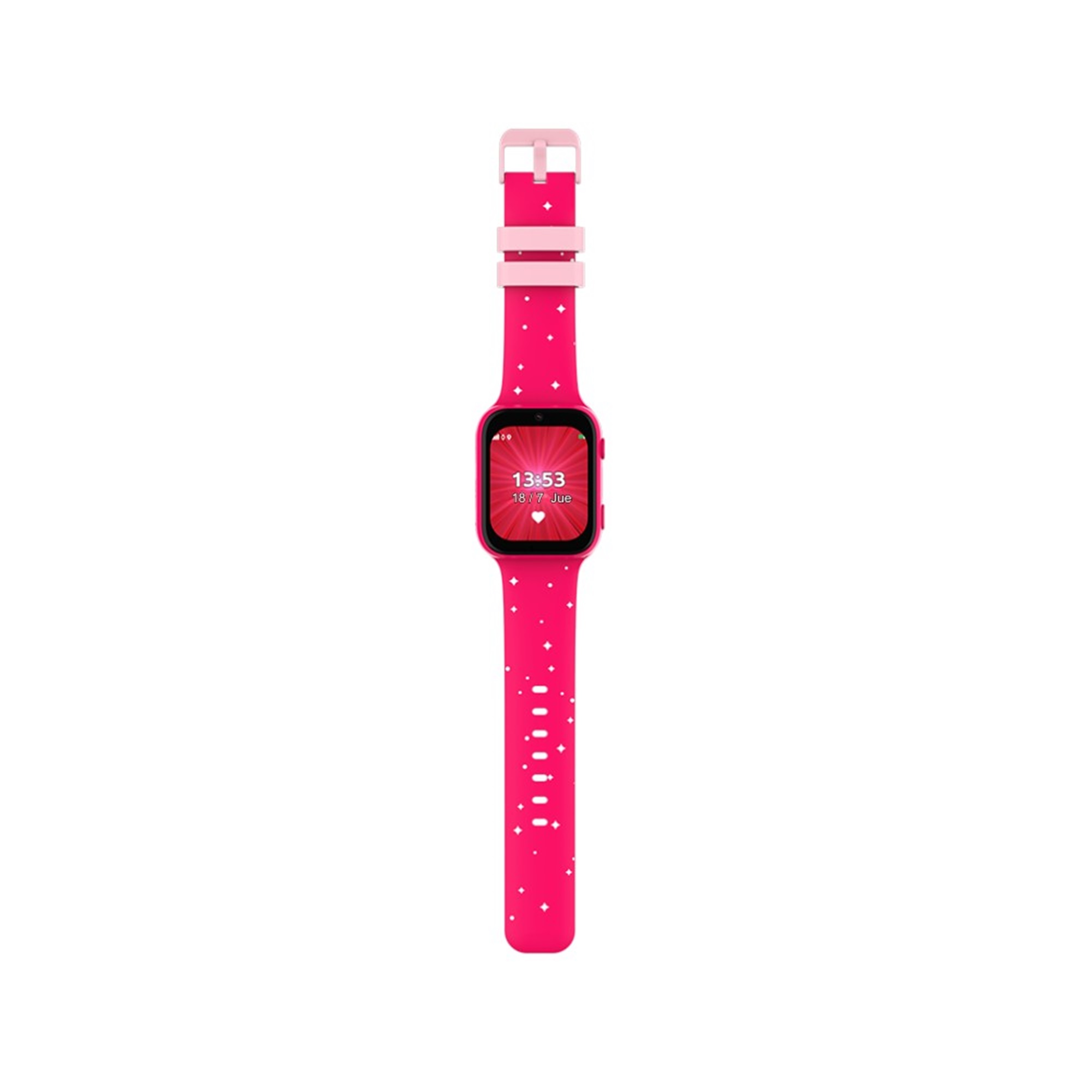 Smartwatch rosa con correa rosa. La pantalla muestra la hora y la fecha. Puntos blancos en la correa.