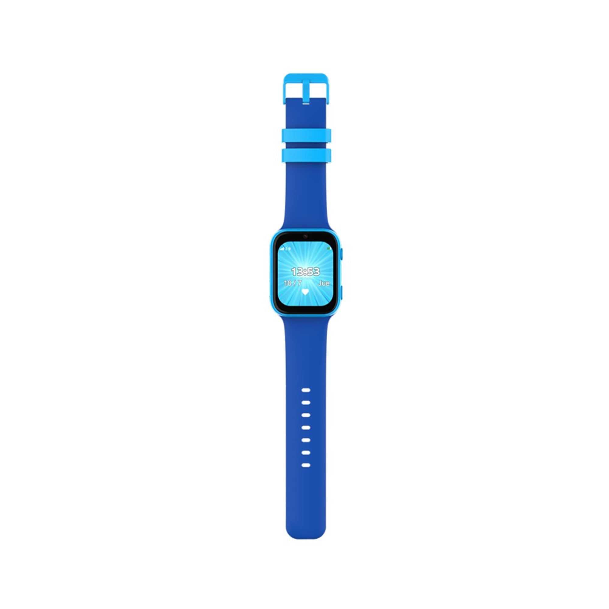 Smartwatch azul con correa azul, mostrando la hora. Fondo blanco.