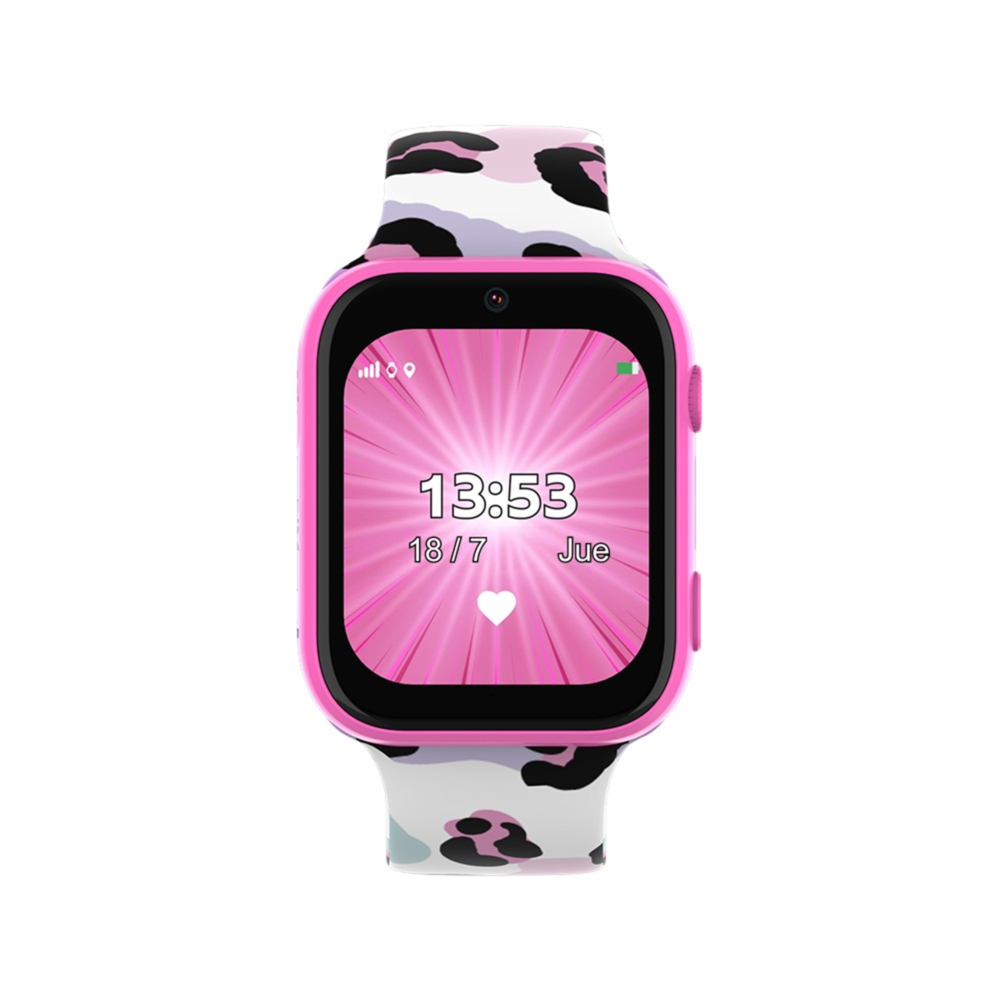 Un reloj inteligente rosa con una correa estampada en blanco y negro. La pantalla muestra la hora y la fecha.
