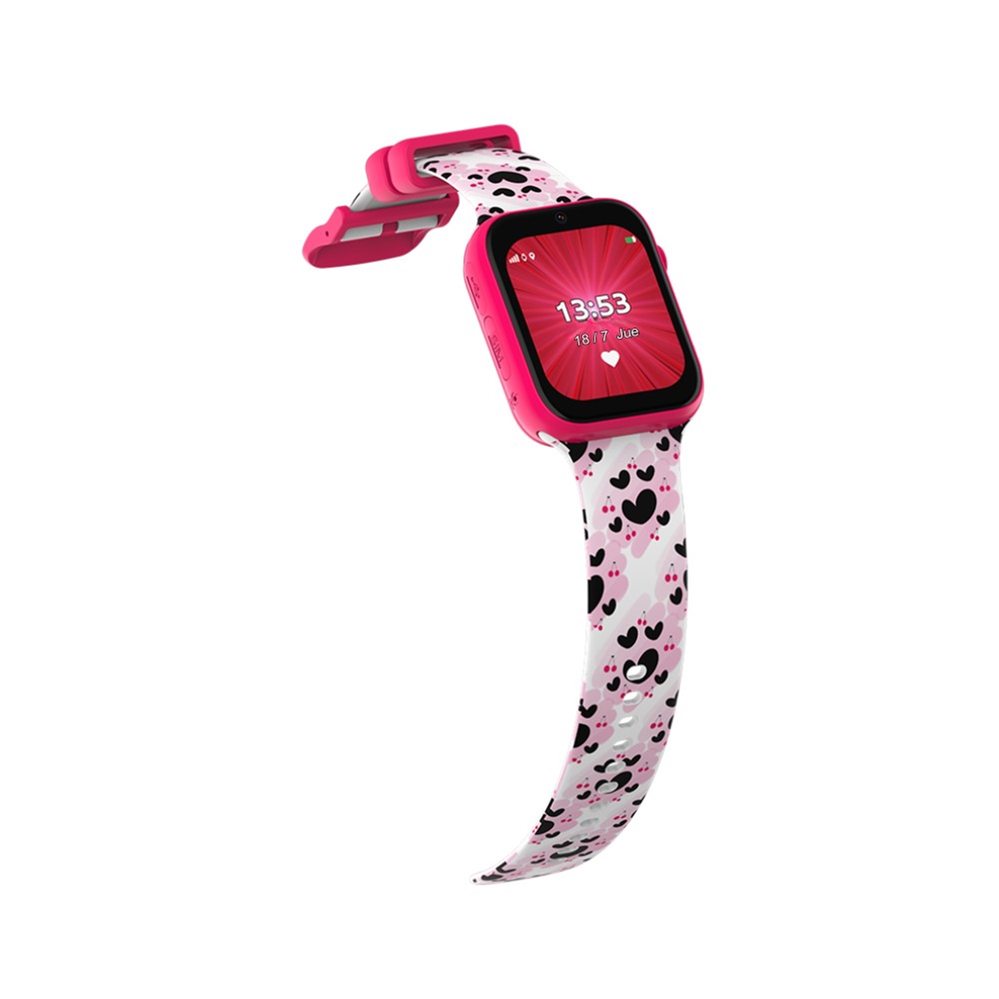 Smartwatch rosa con correa estampada de corazones, mostrando hora y fecha.