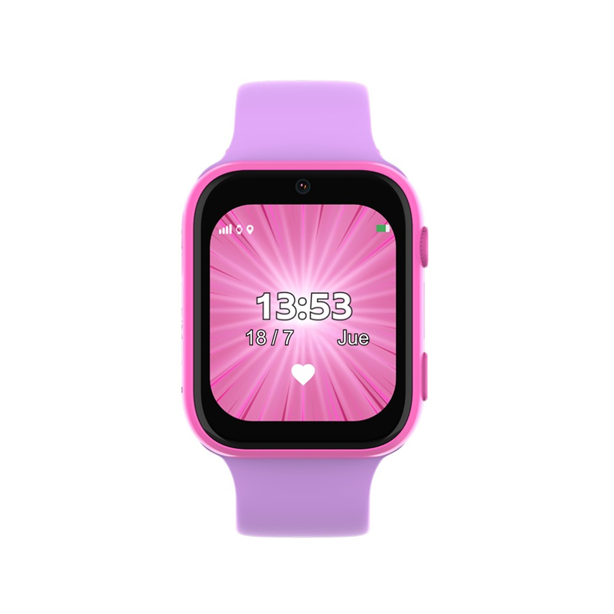 Reloj inteligente rosa y morado que muestra la hora y la fecha.
