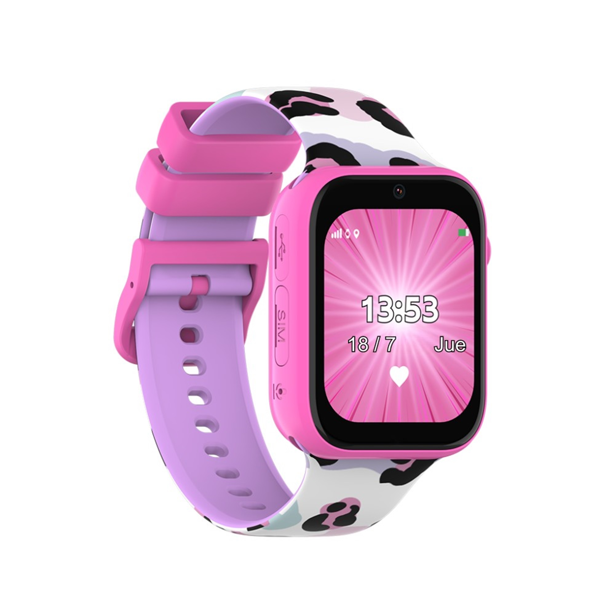 Smartwatch rosa con correa blanca y rosa. La pantalla muestra la fecha y hora.
