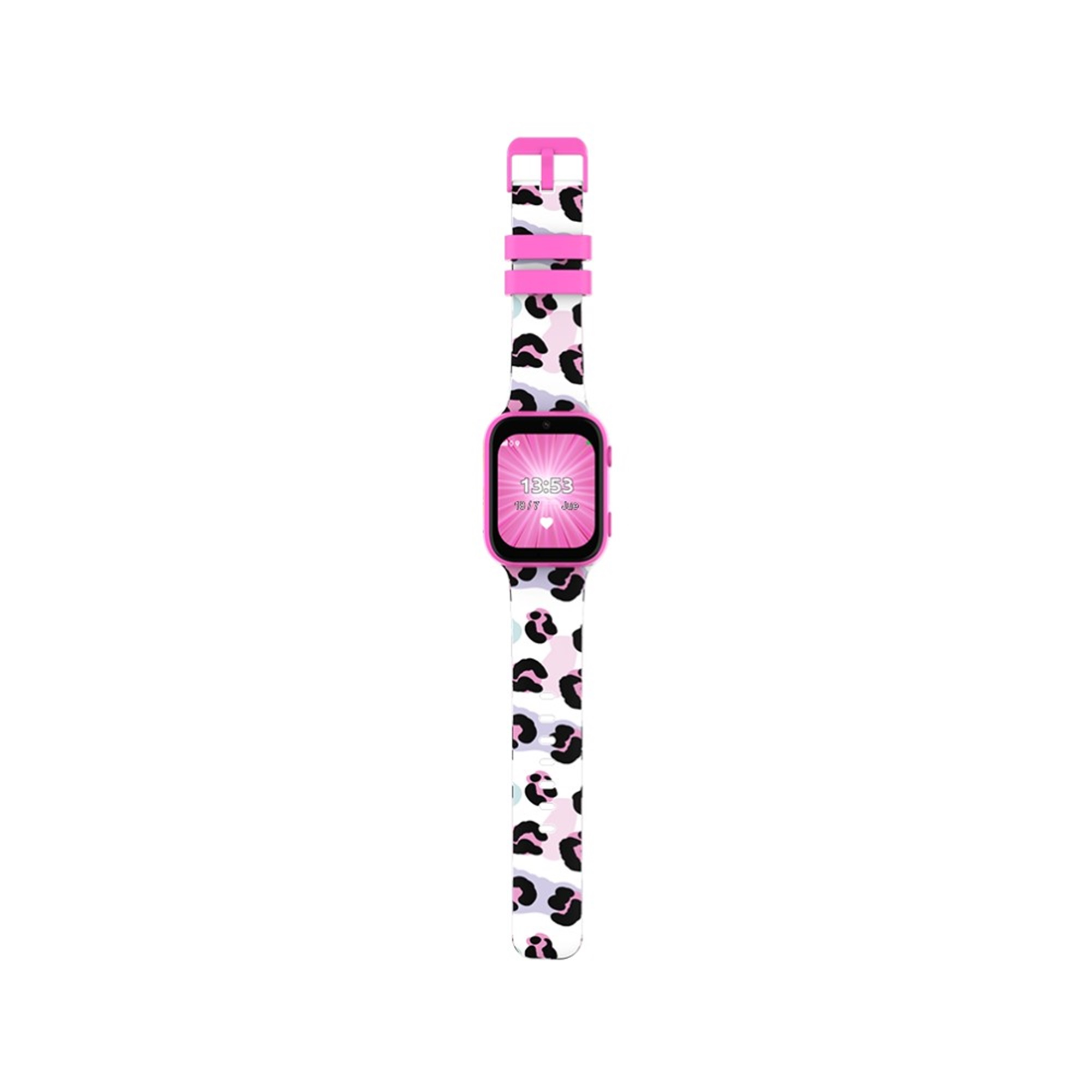 Un reloj inteligente rosa con correa de estampado de leopardo, que muestra la hora y la fecha en la pantalla.