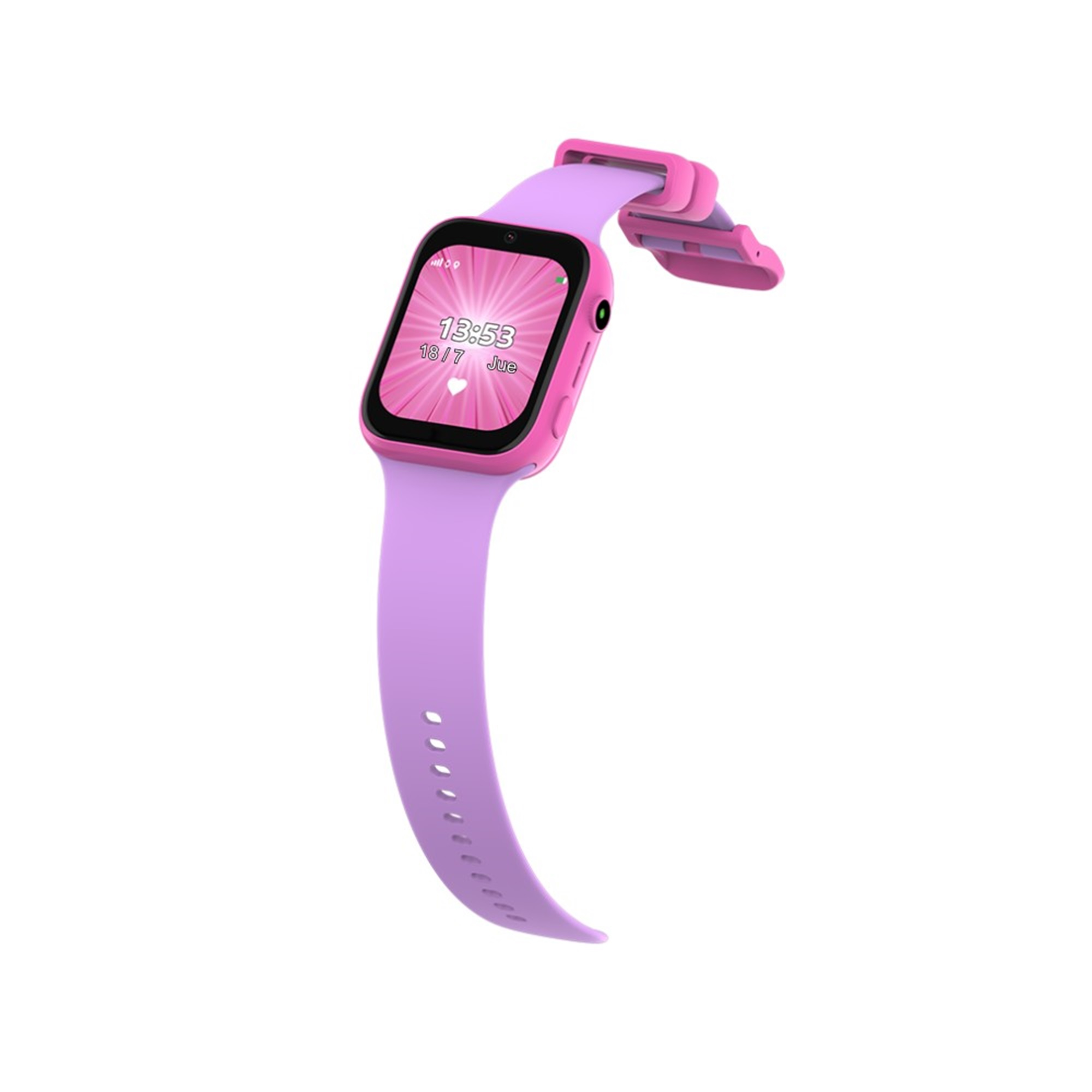 Reloj inteligente rosa con banda morada, muestra 13:53. Fondo blanco.
