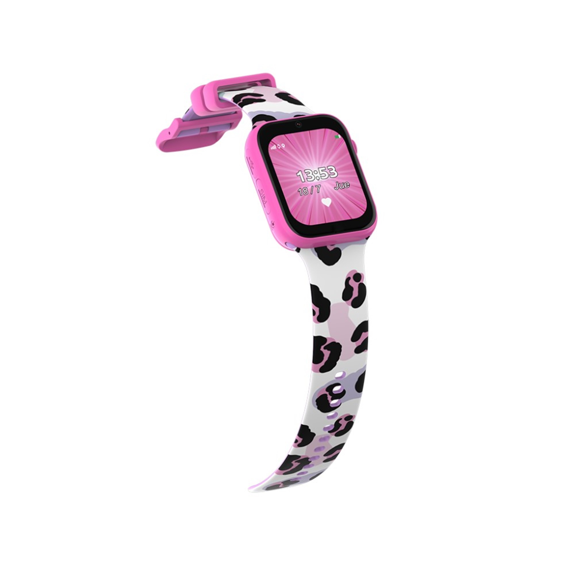 Smartwatch rosa y blanca con correa de estampado de leopardo sobre fondo blanco.