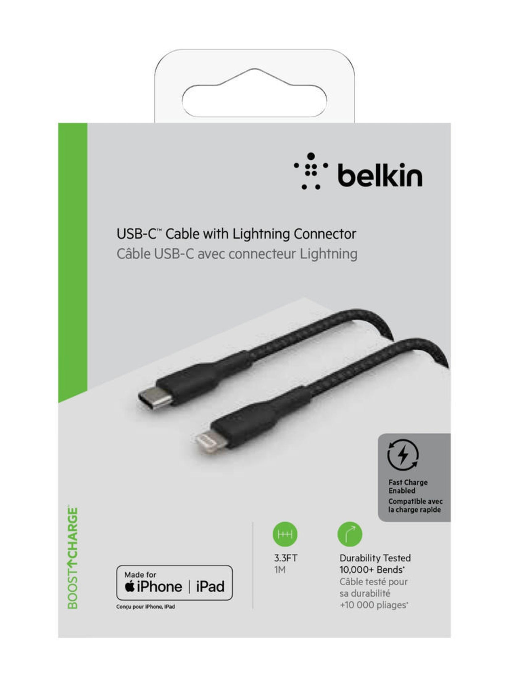 Câble Belkin USB-C avec connecteur Lightning, emballé dans une boîte blanche et grise, avec informations produit.