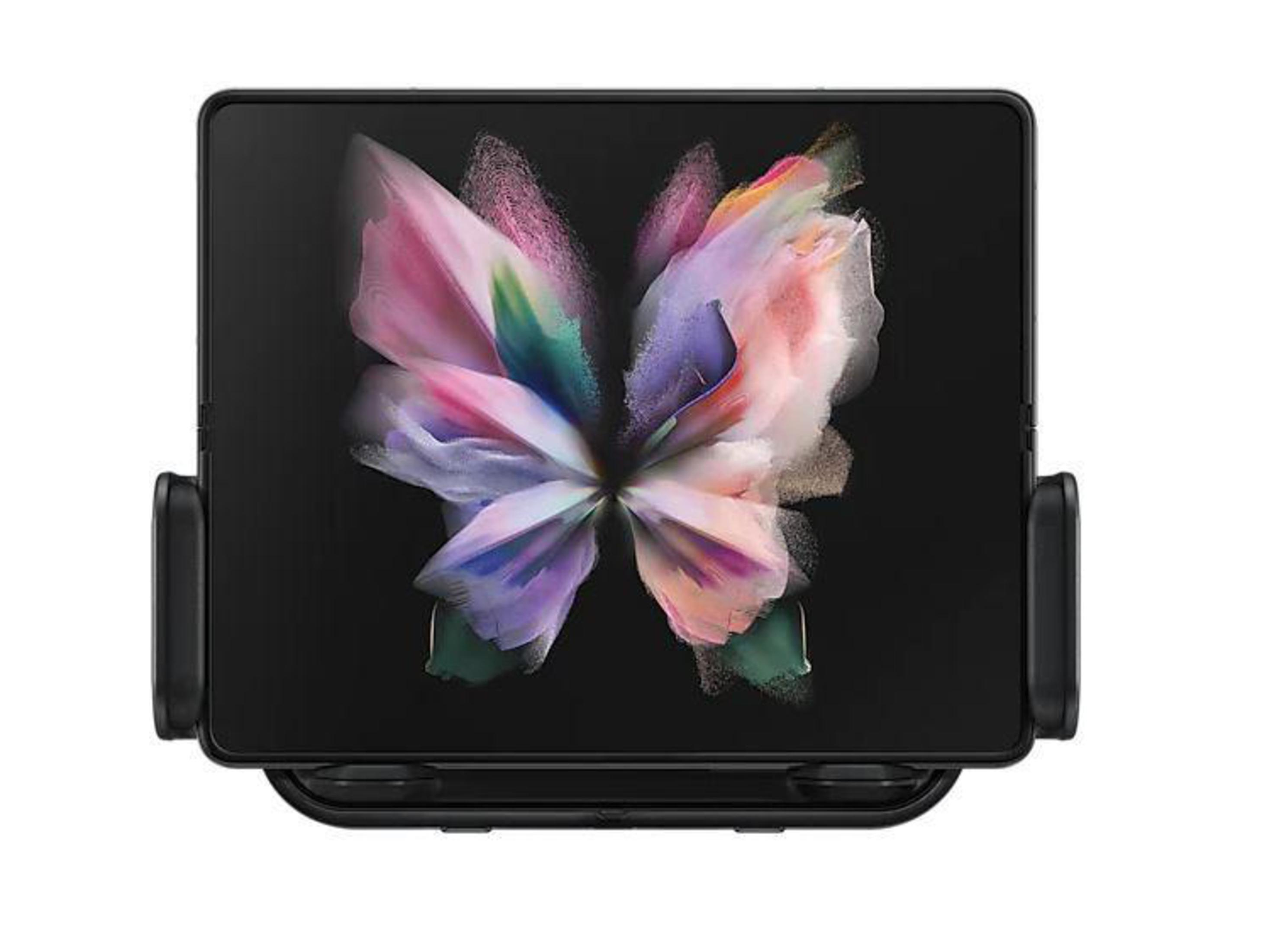 Ein schwarzes faltbares Tablet mit einem bunten Schmetterlingsbild auf dem Bildschirm. Das Tablet befindet sich in einer Halterung.
