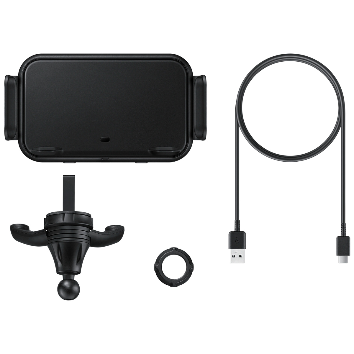 Eine schwarze Autotelefonhalterung mit USB-C-Kabel und einem runden Ring.