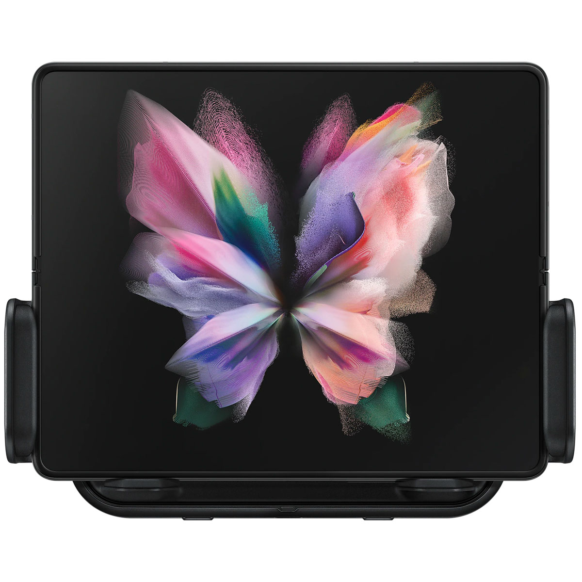 Ein faltbares schwarzes Tablet, das ein buntes Schmetterlingsbild zeigt, mit einem schwarzen Ständer auf weißem Hintergrund.