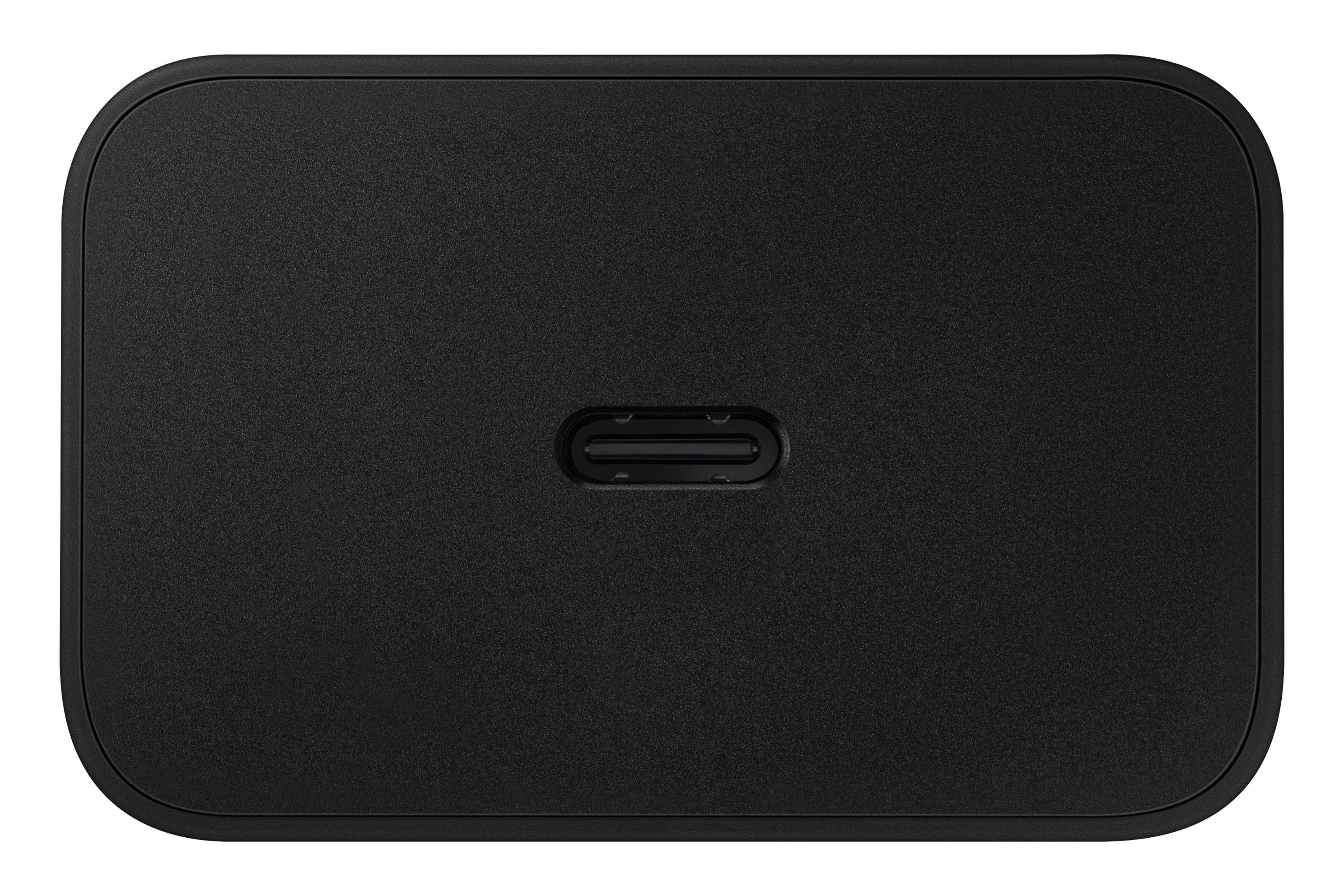 Caricabatterie rettangolare nero con angoli arrotondati e una porta USB-C.