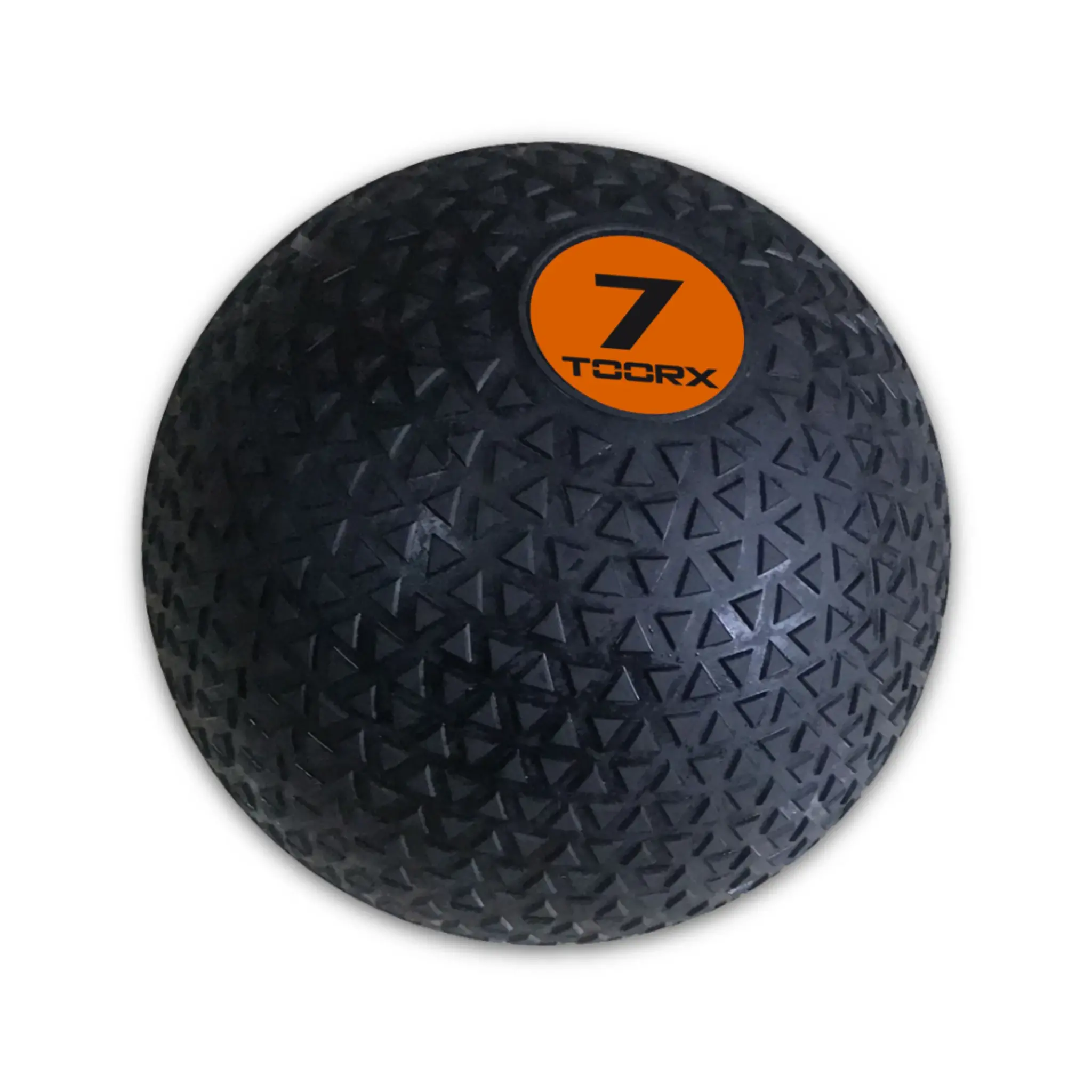 Zwarte, getextureerde medicijnbal met oranje '7' logo.