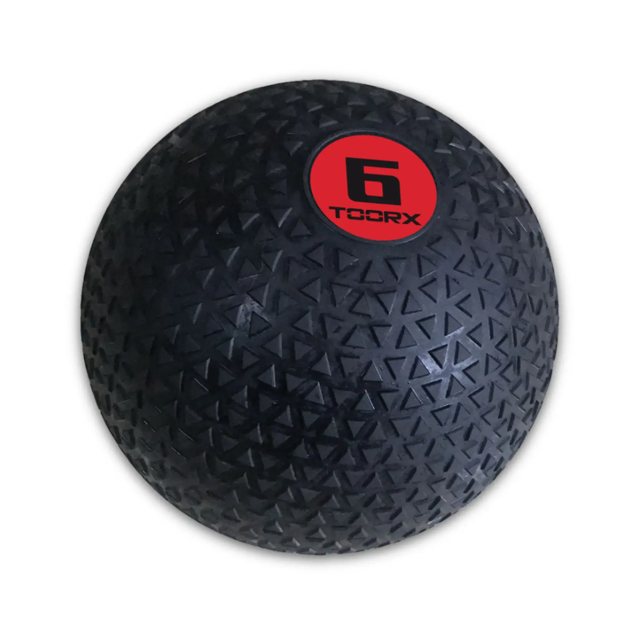 Een zwarte slam ball met een rode cirkel en het nummer 6. De bal heeft een getextureerd oppervlak.
