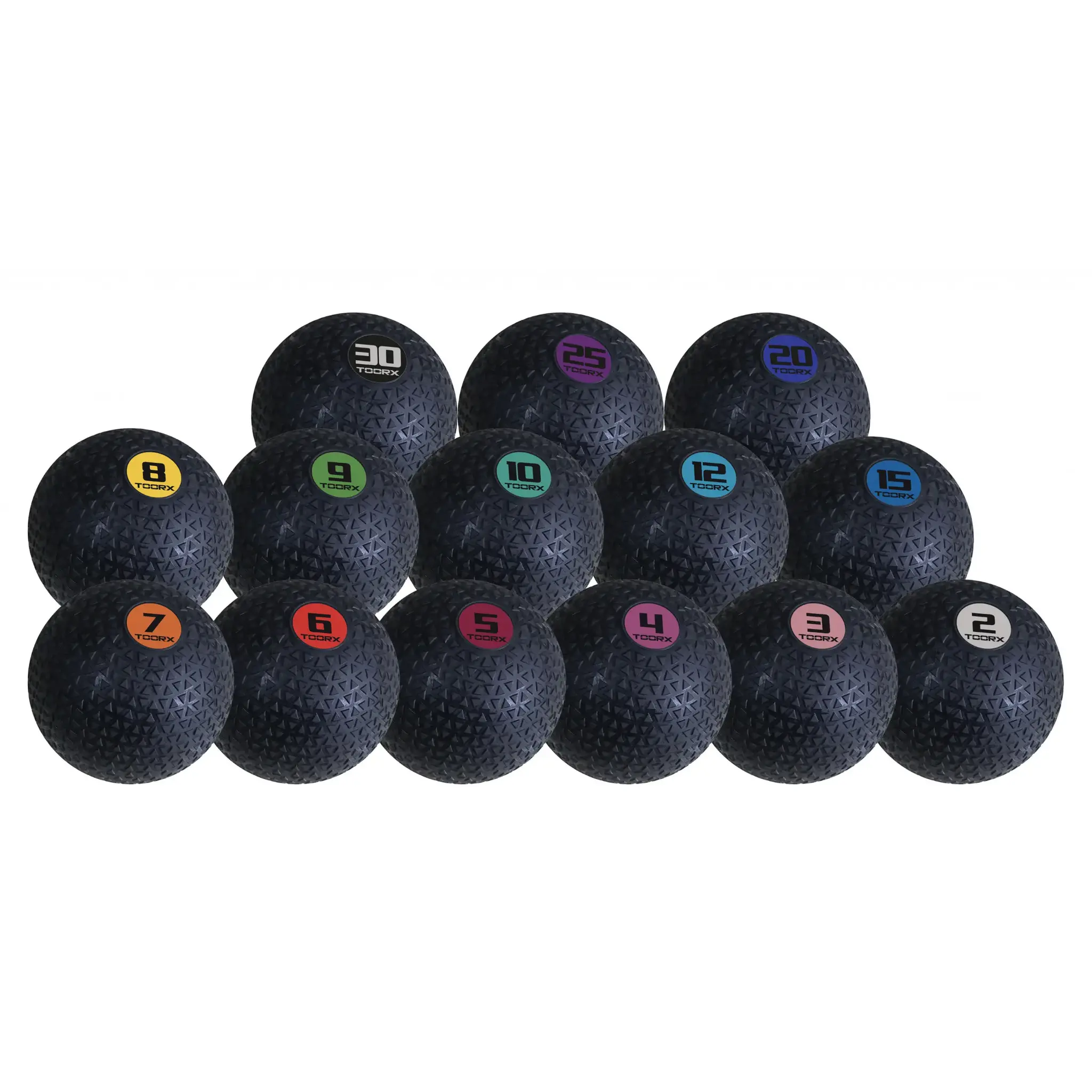 Assortiment zwarte slam balls met verschillende gewichten.