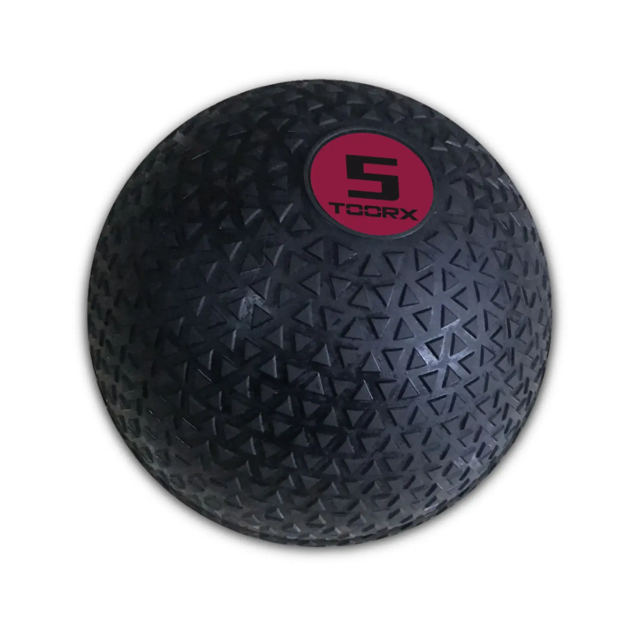 Zwarte, getextureerde medicijnbal met rood '5' logo.