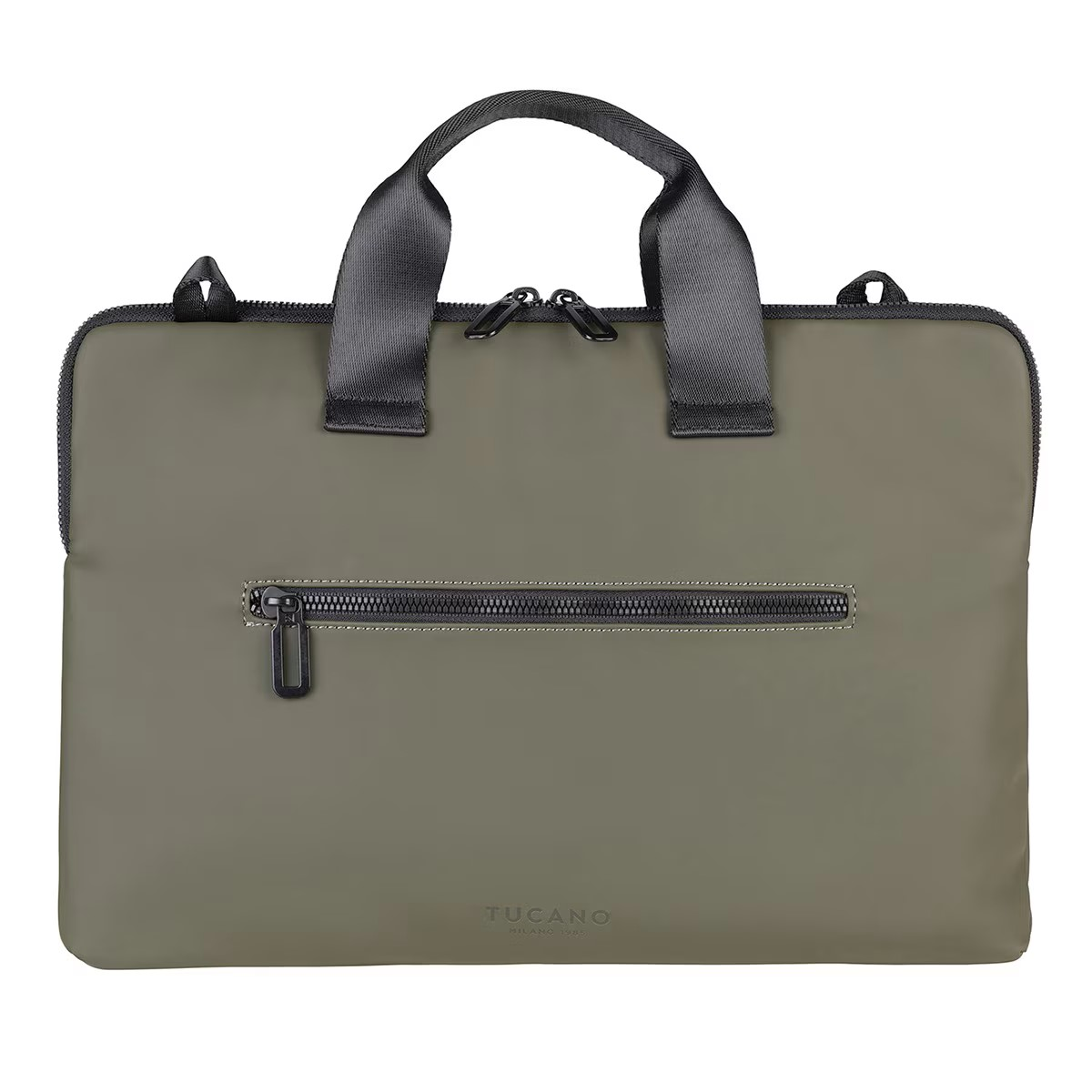 Bolso para portátil verde oliva tipo maletín con asa negra, cremalleras y el logo de Tucano Milano.