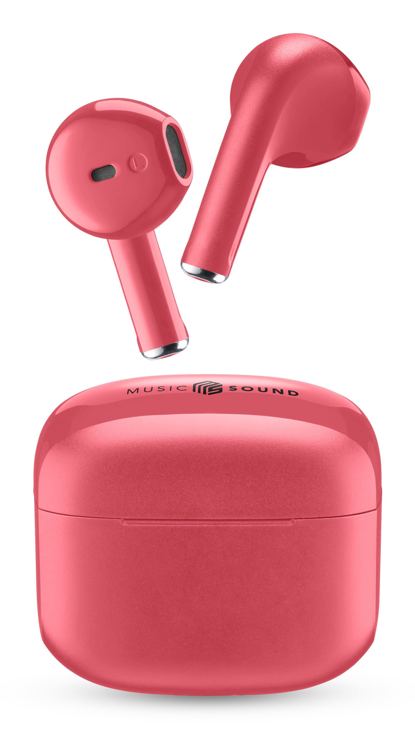 Auriculares y estuche de carga rosas. El estuche tiene las palabras 'MUSIC SOUND' escritas.
