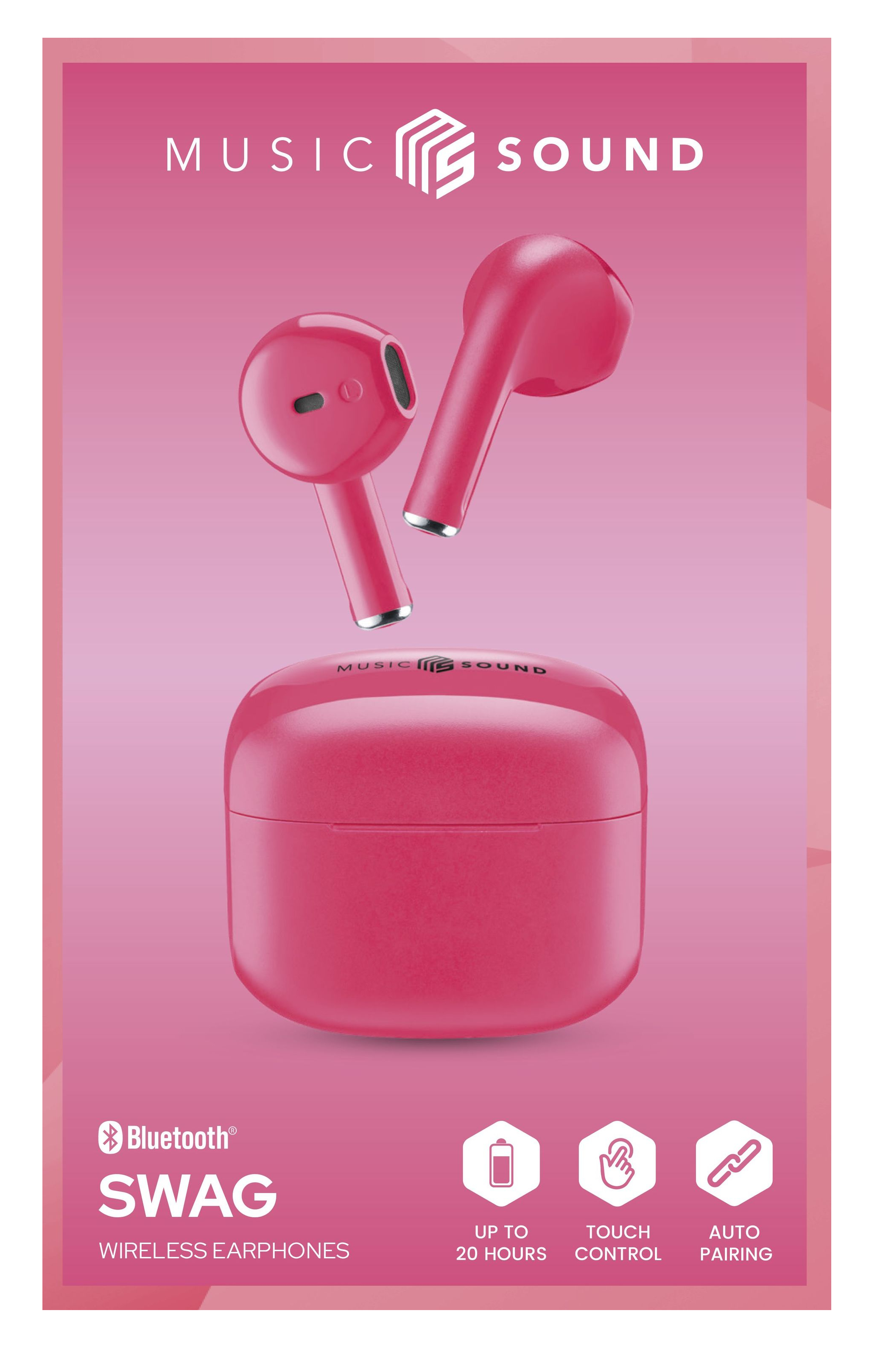 Auriculares inalámbricos y estuche de carga rosas sobre fondo rosa. El texto describe el producto.