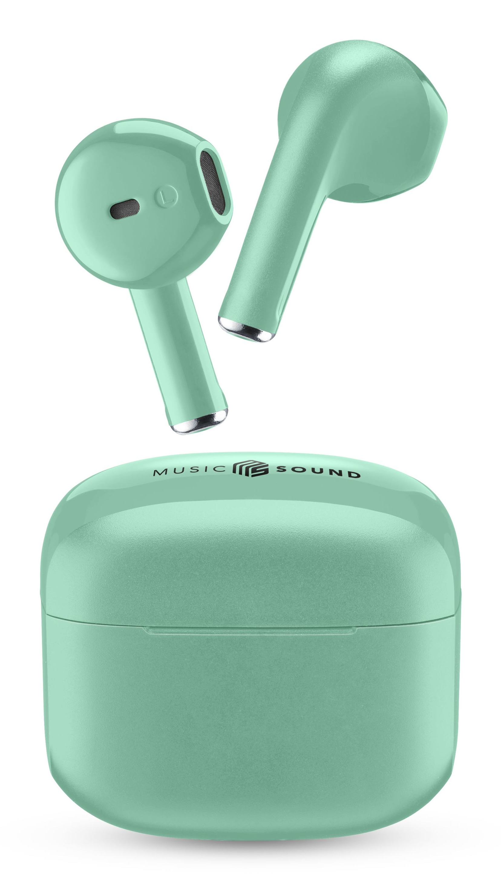 Mint green earbuds and charging case. 'MUSIC SOUND' printed on the case.