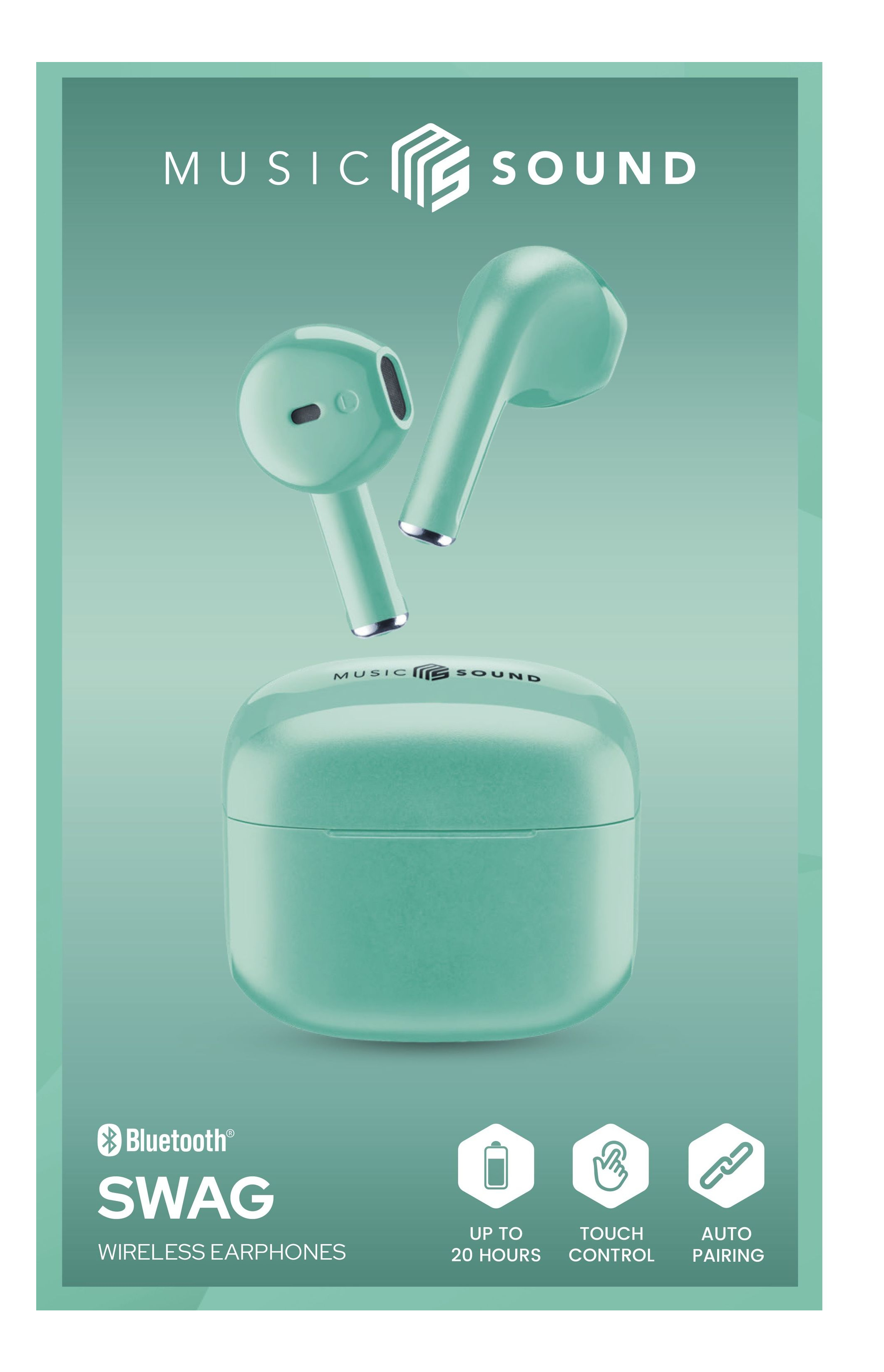 Mint green wireless earbuds with charging case, text: Bluetooth, touch control, auto pairing.