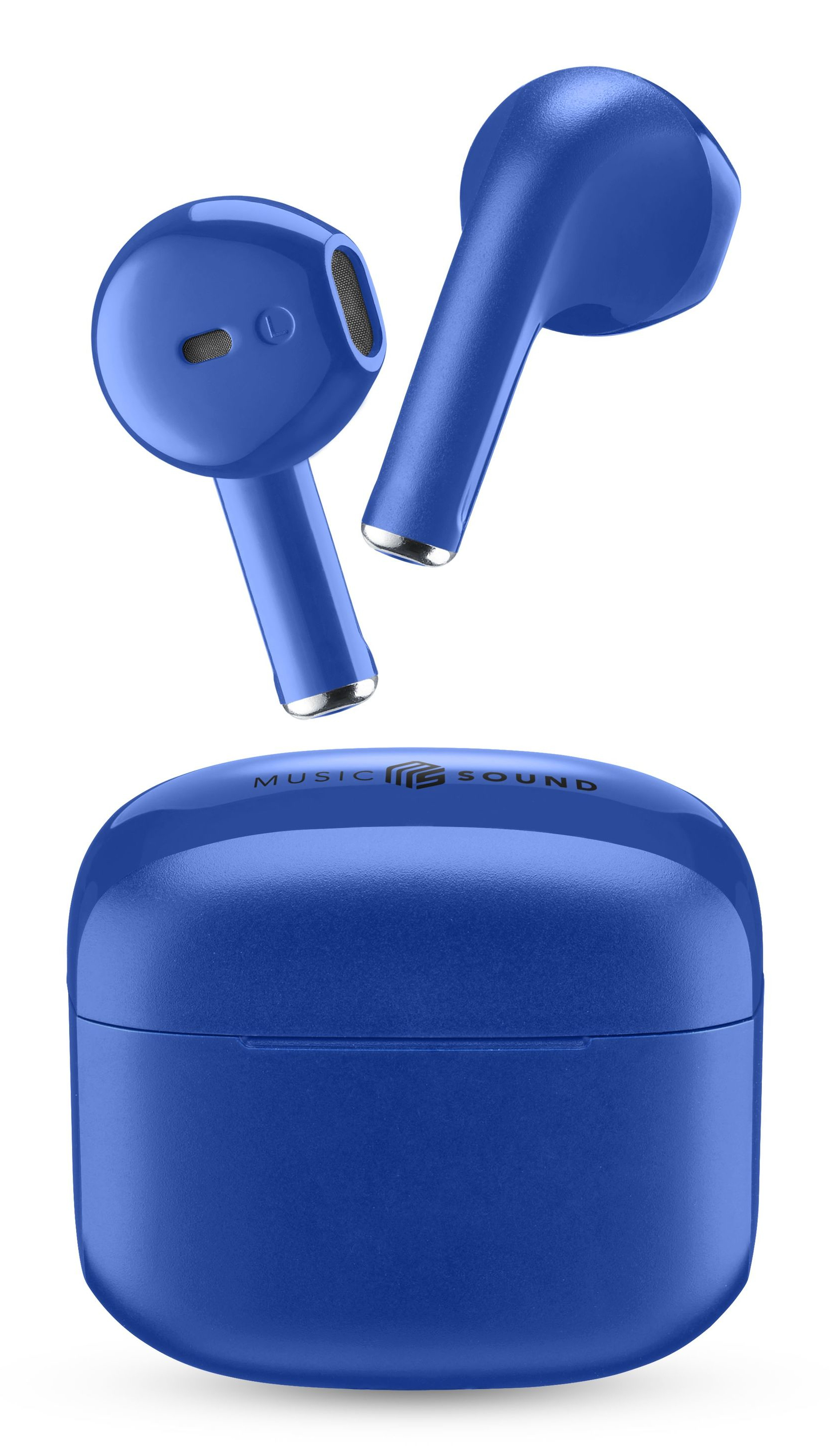 Blaue Ohrhörer mit Ladecase, das Case hat die Marke Music Sound.