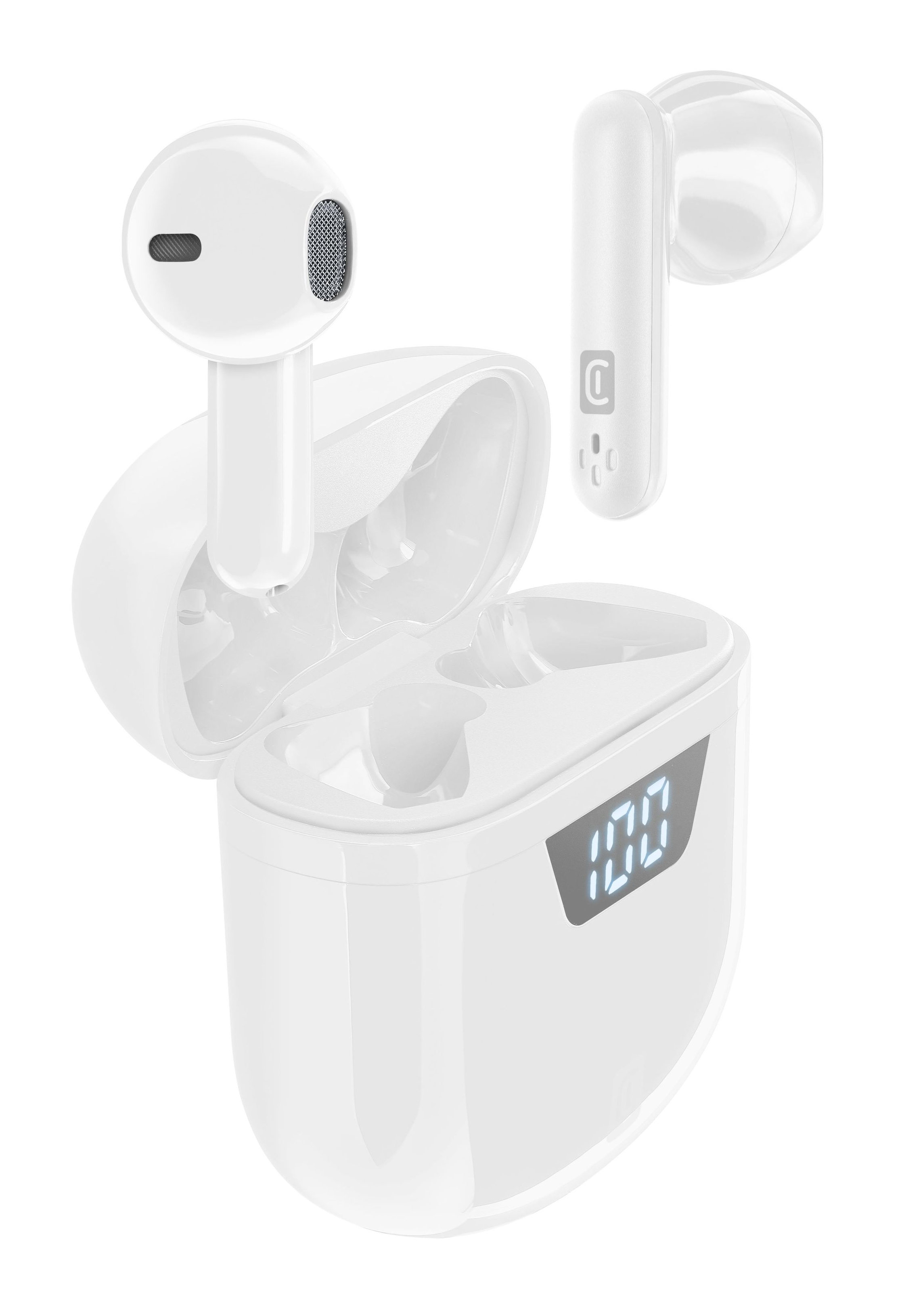 Auriculares blancos y estuche de carga con pantalla digital.