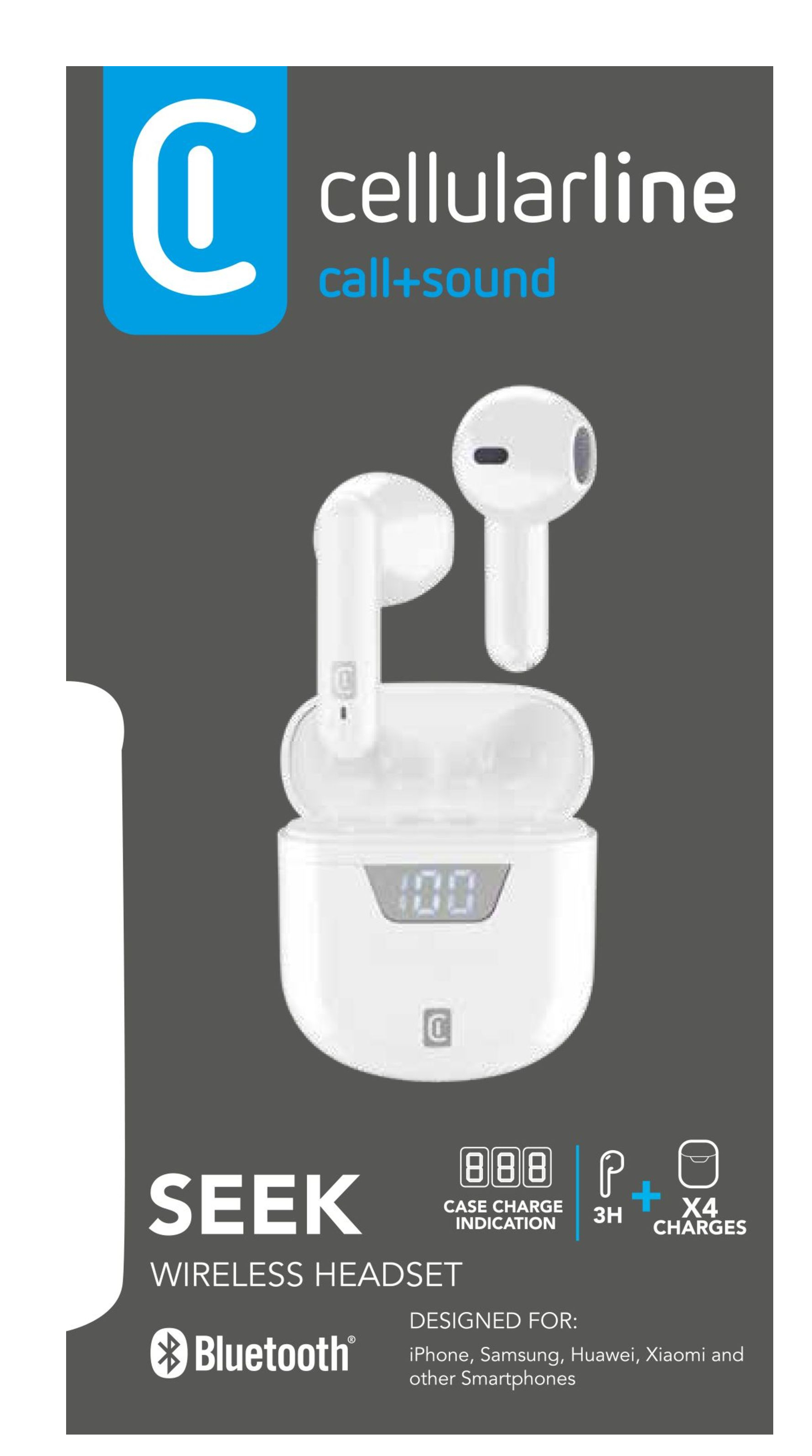 Embalaje blanco de auriculares inalámbricos Cellularline Seek, con auriculares y estuche visibles.