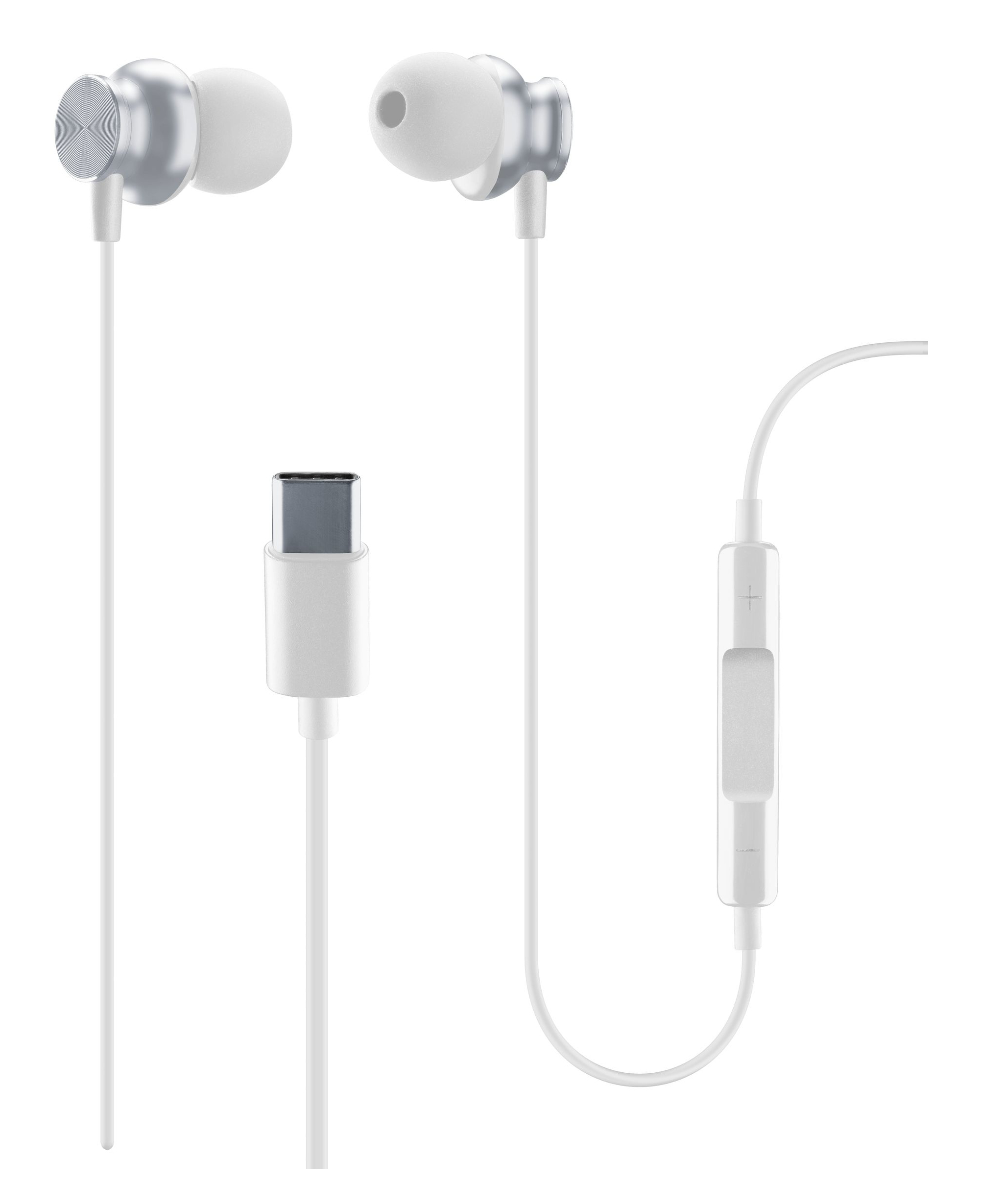 Auriculares blancos con detalles plateados, conectados a un cable blanco con conector USB-C y módulo de control.