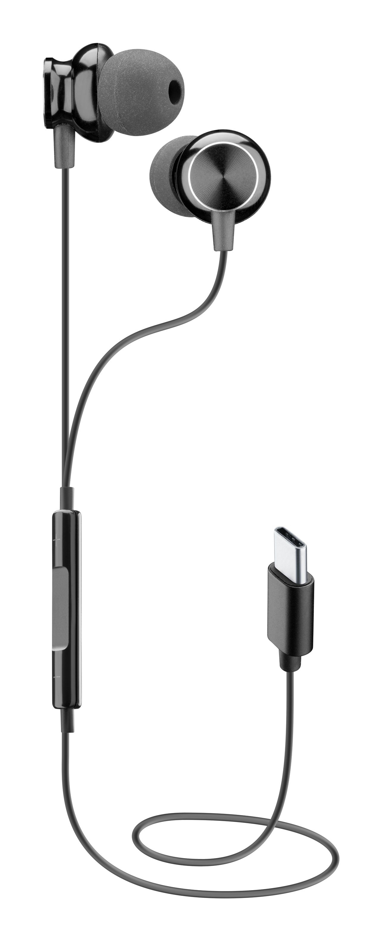 Auriculares negros con una unidad de control y un conector USB-C, sobre un fondo blanco.