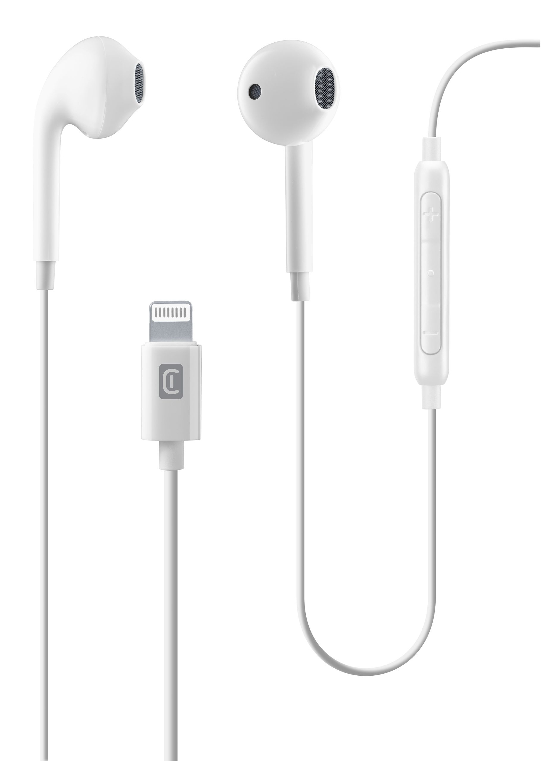White earphones with a lightning connector and a control module on the wire.