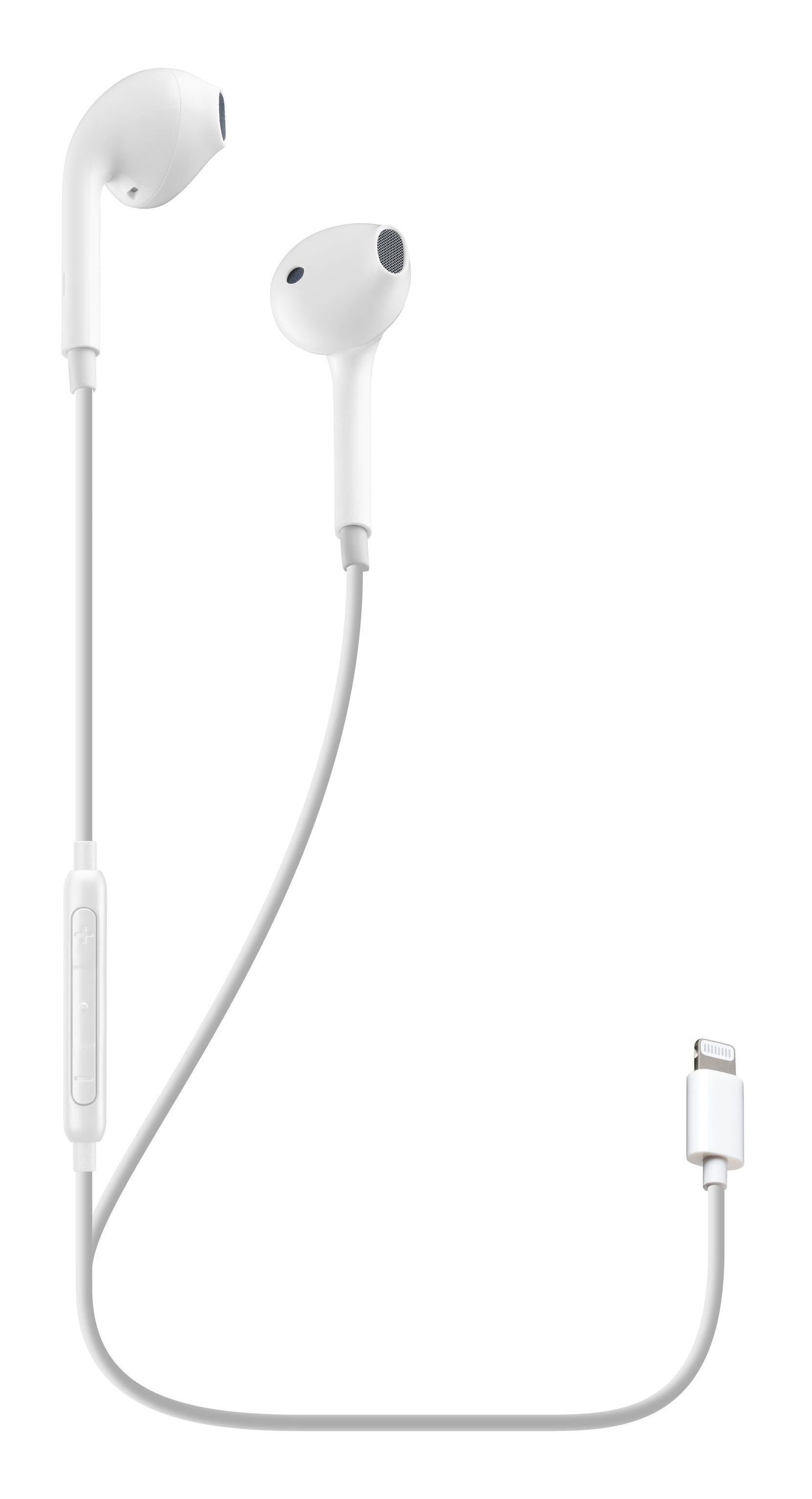 White earbuds with a white cable and a lightning connector. The cable has a control.