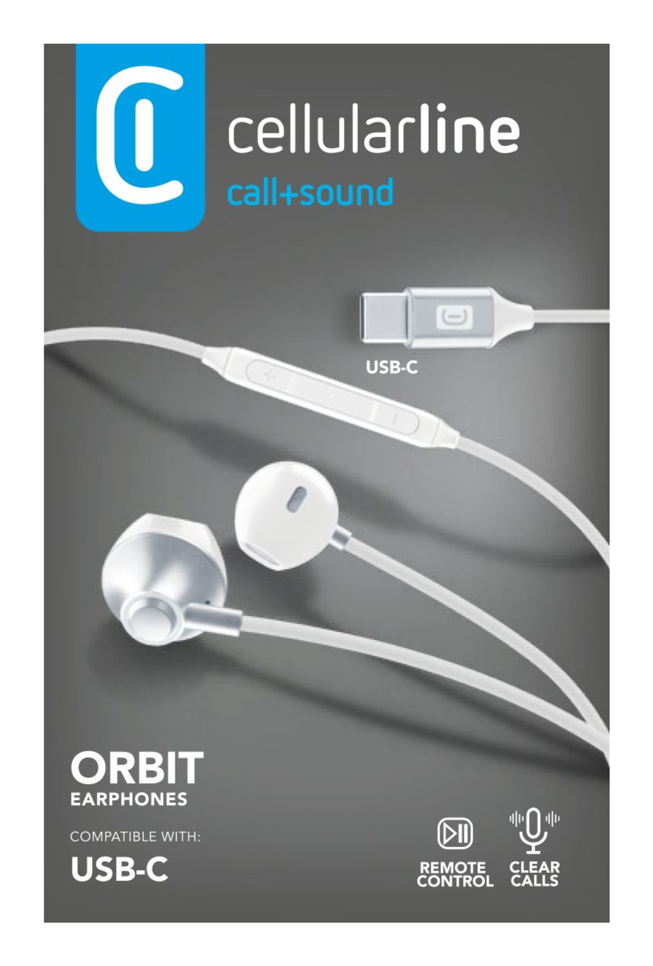 A packaged set of white and silver earbuds with a USB-C connector and inline controls.