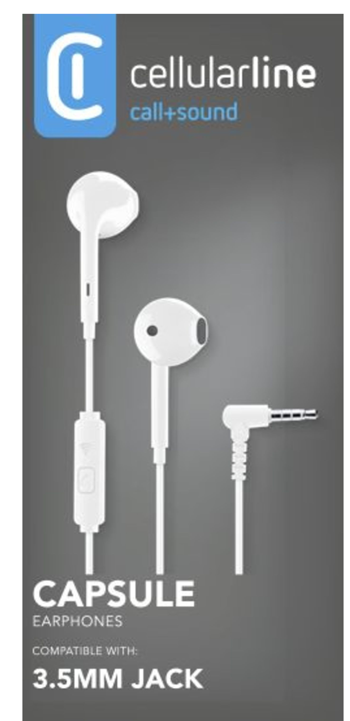 Weiße Ohrhörer, mit Bedienelementen und Stecker, auf dunkelgrauem Hintergrund, mit 'cellularline' Logo.