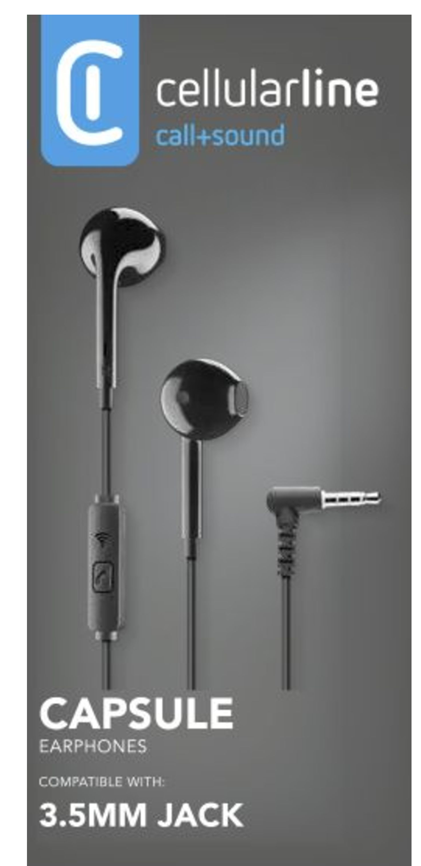Werbung für Kopfhörer. Schwarze Kopfhörer mit Steuermodul und 3,5-mm-Klinke auf grauem Hintergrund.