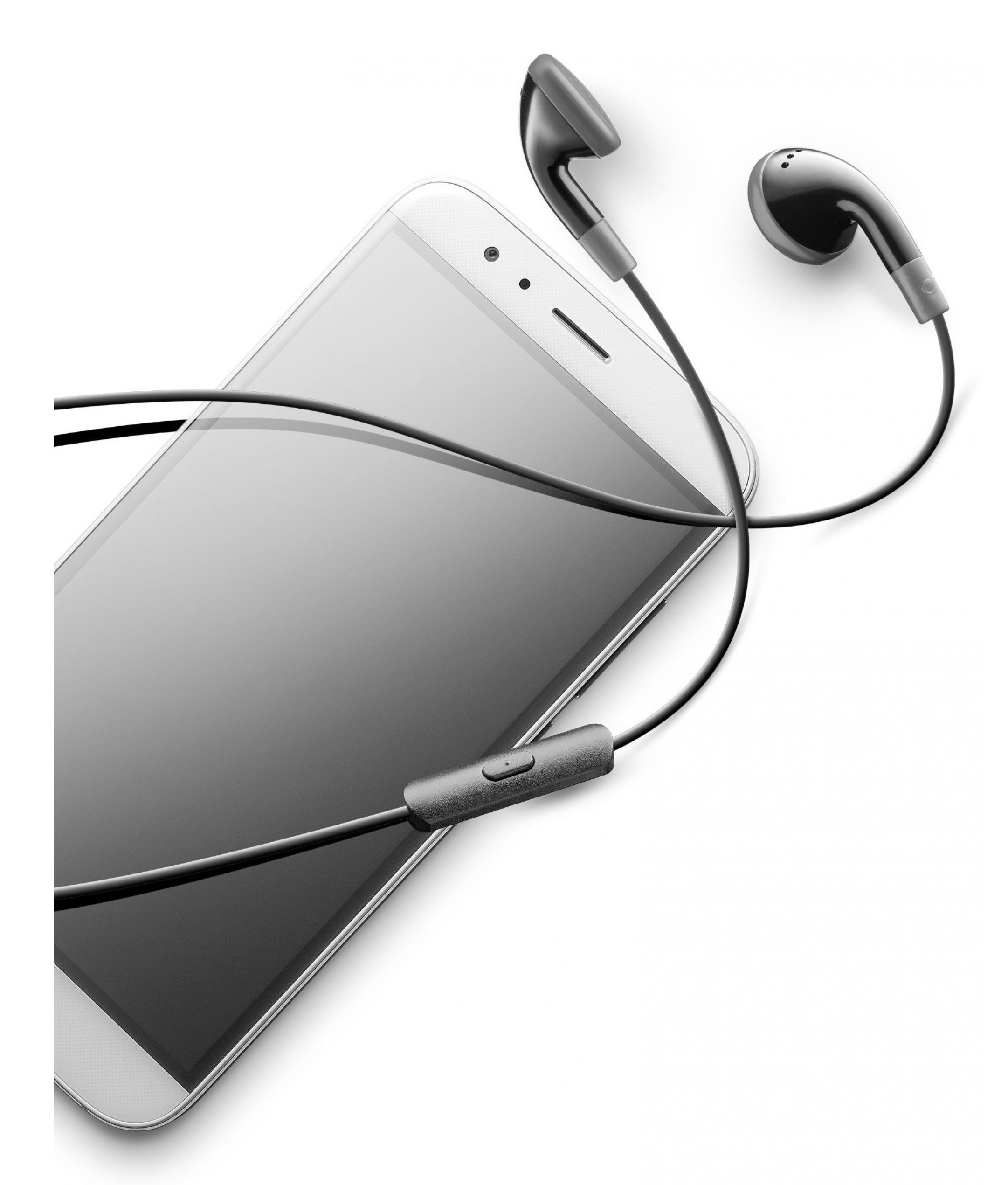 Smartphone con auriculares conectados. El teléfono es blanco, los auriculares son negros. Fondo simple y limpio.