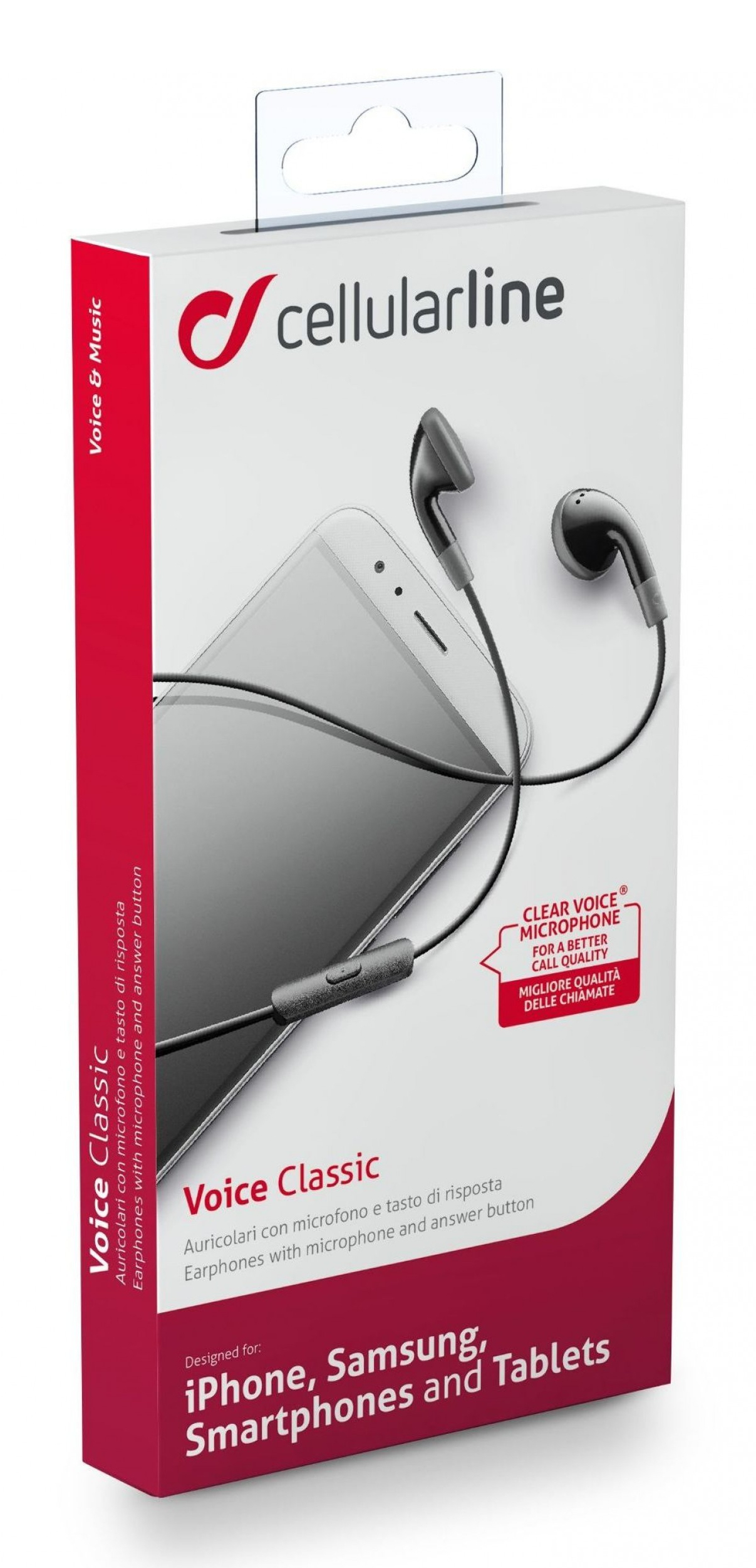 Auriculares en una caja. La caja es blanca y roja, con una imagen de un teléfono y auriculares.