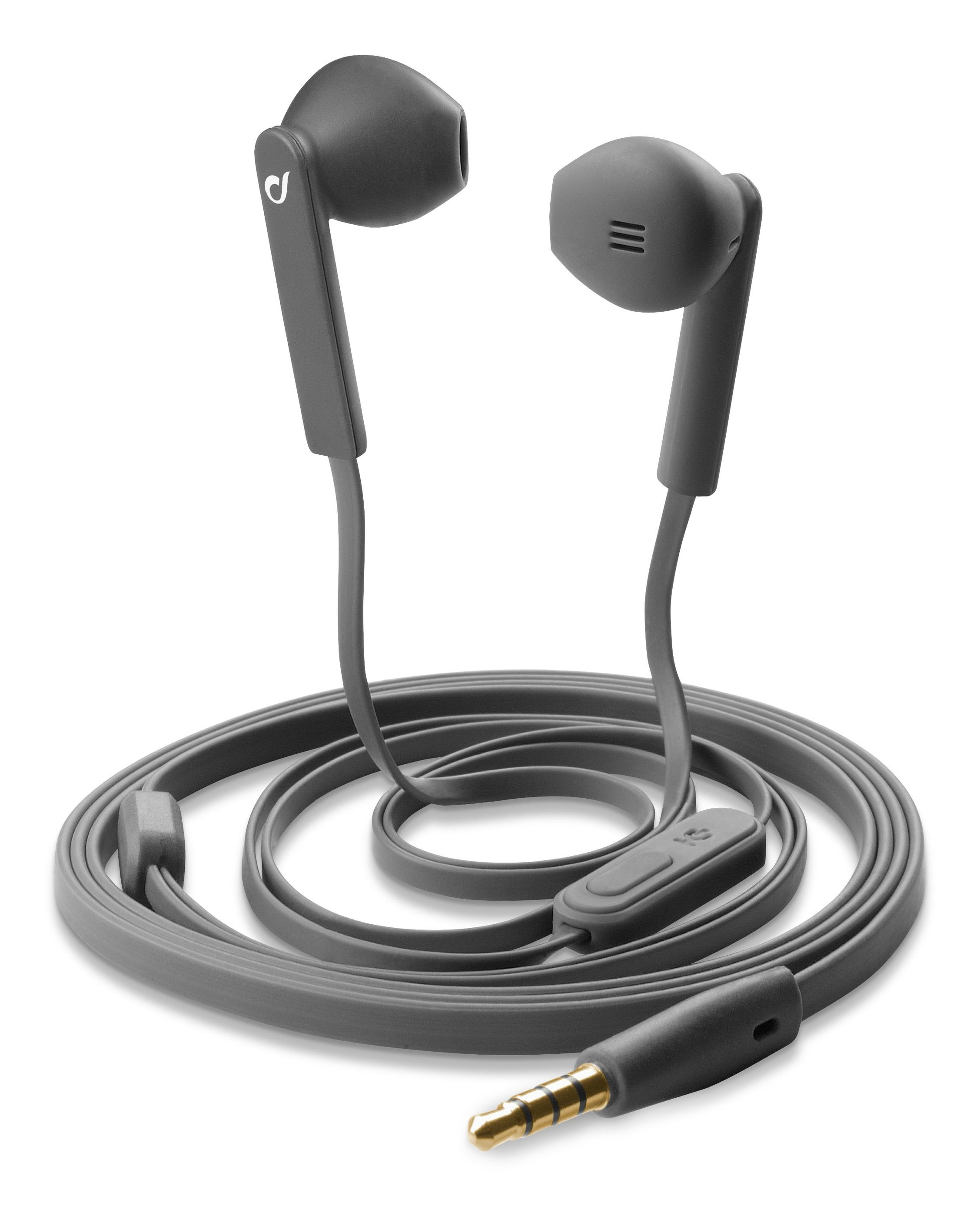 Auriculares grises con micrófono y conector dorado. El cable está enrollado.