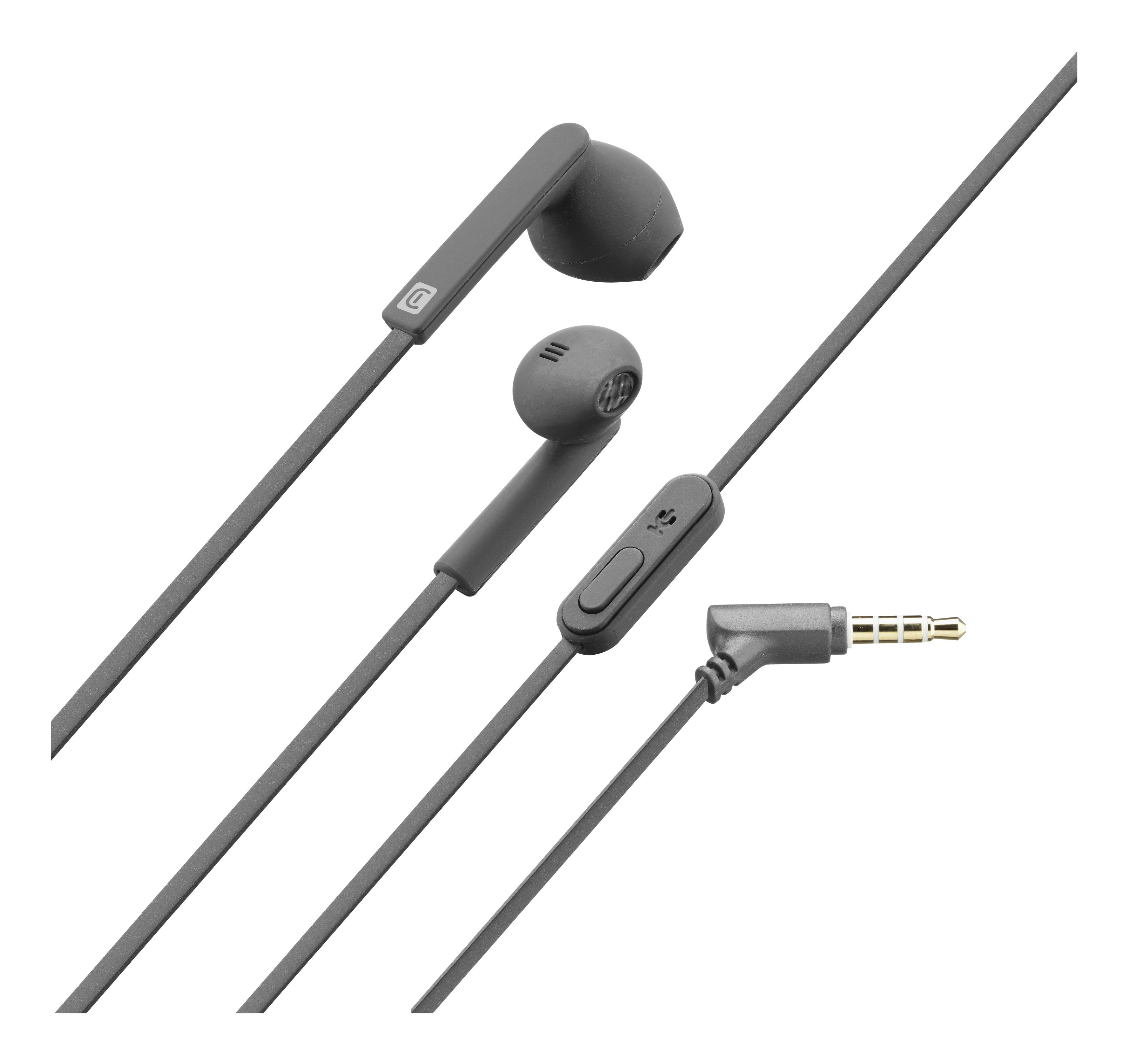Auriculares internos grises con un mando a distancia en línea y un conector de 3,5 mm.