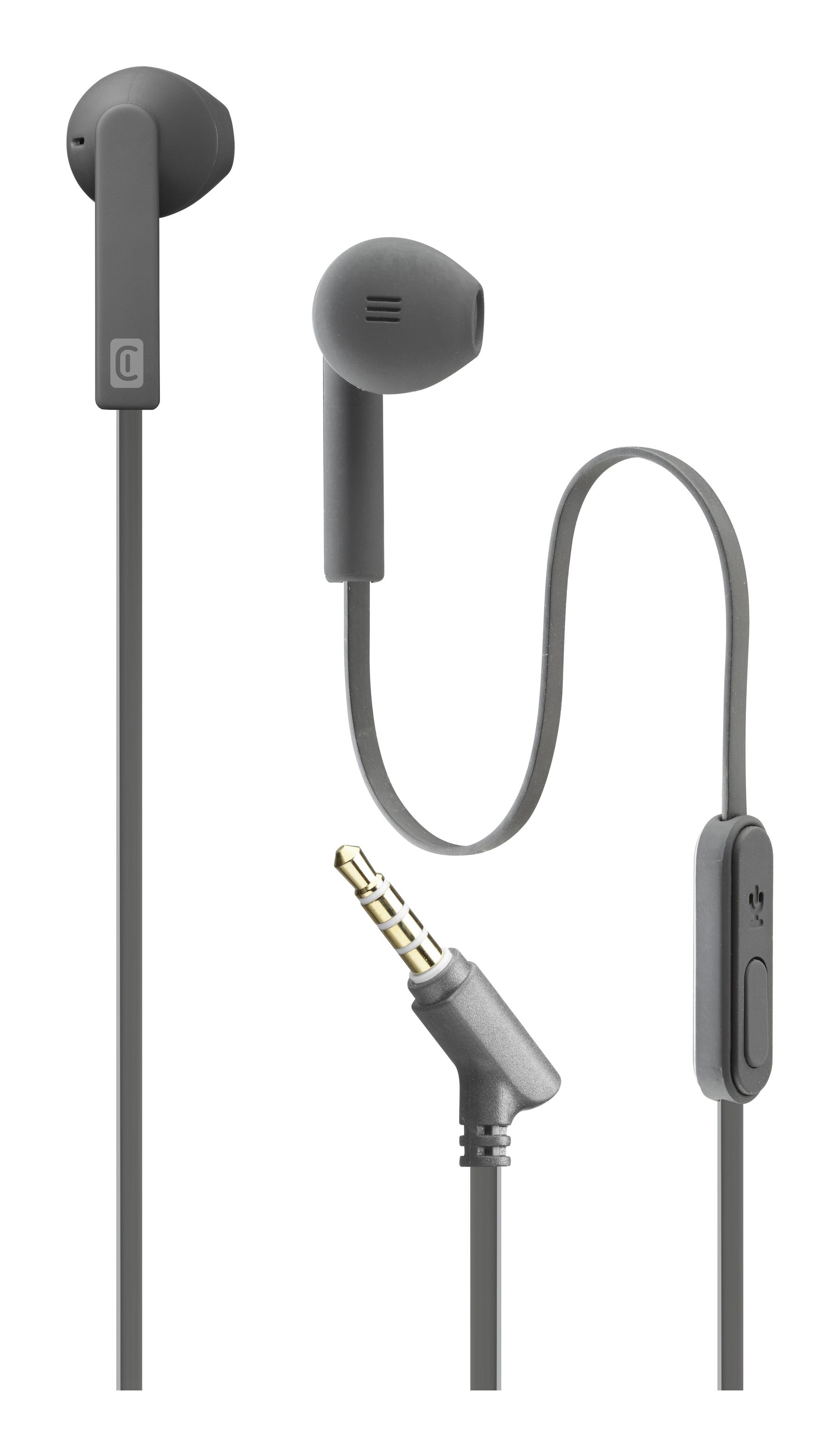 Un par de auriculares grises con un conector y un control remoto.