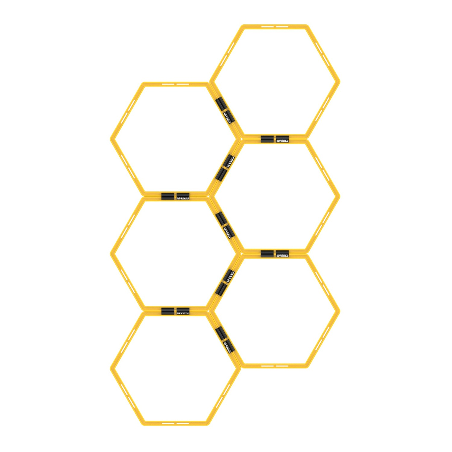 Anneaux jaunes hexagonaux d'entraînement à l'agilité physique connectés sur fond blanc, formant un motif.