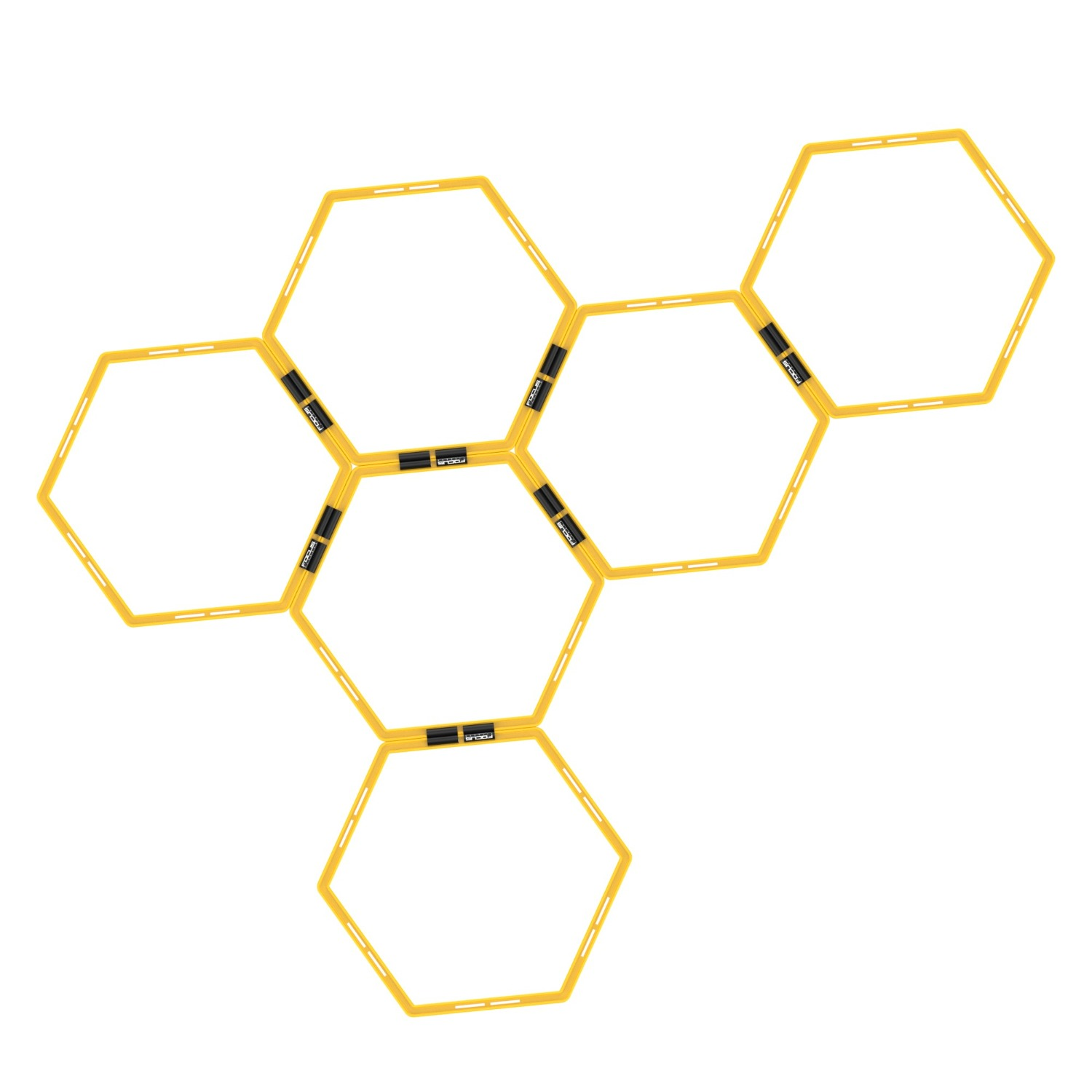 Anneaux d'agilité d'entraînement hexagonaux jaunes reliés entre eux, disposés en motif.