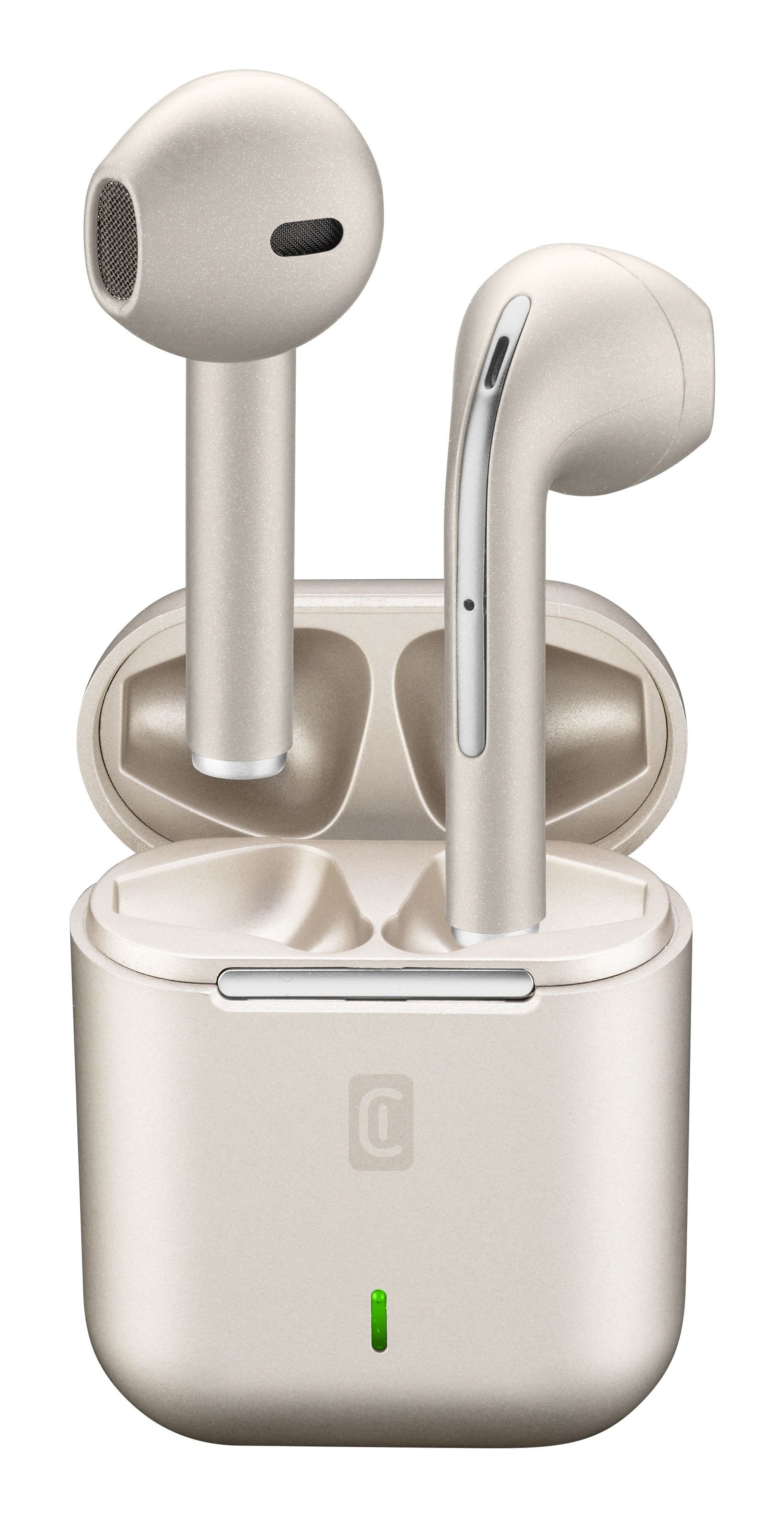 Auricolari wireless in una custodia di ricarica. La custodia e gli auricolari sono beige. Una luce verde sulla custodia è accesa.