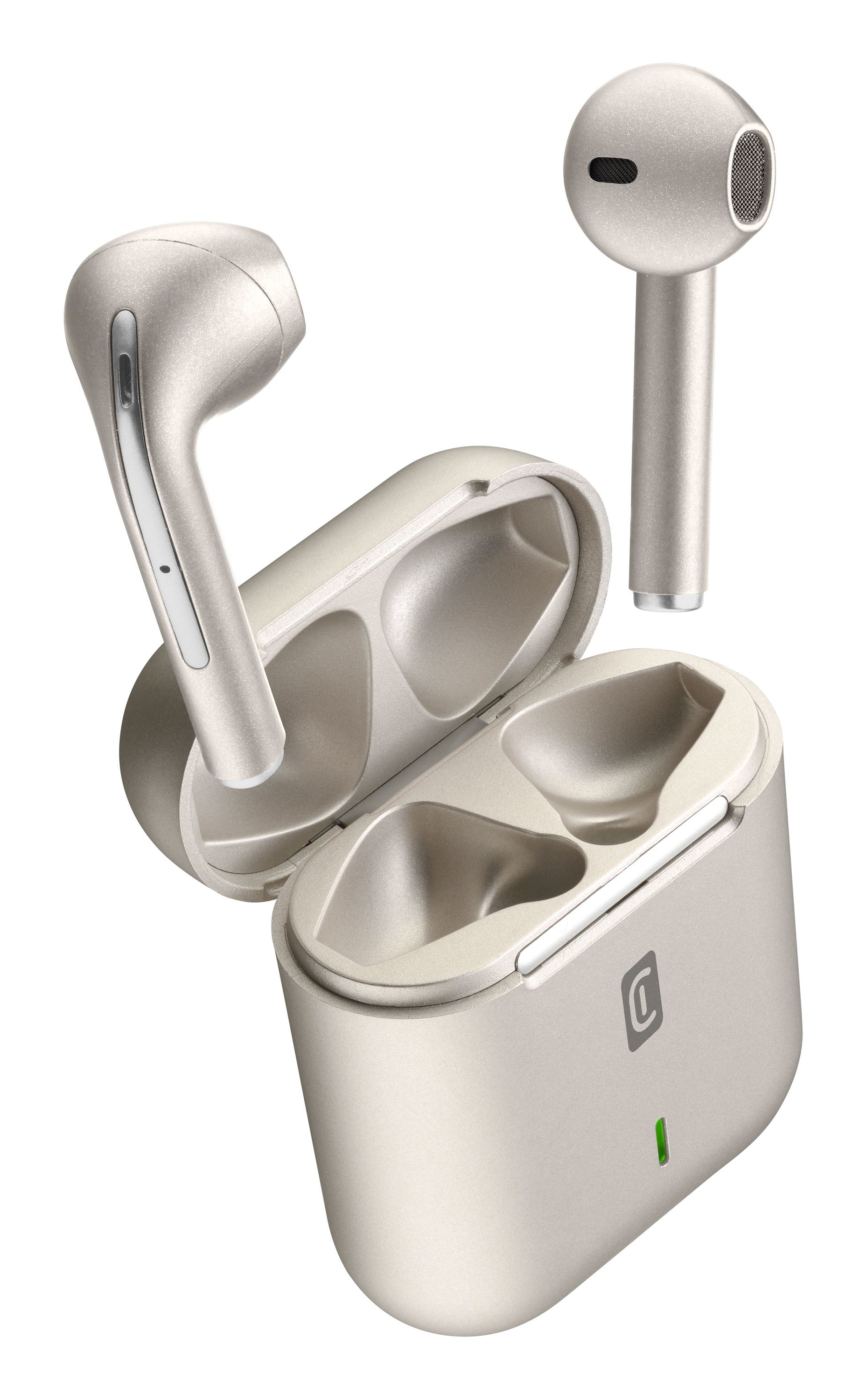 Auricolari dorati e custodia di ricarica, con un auricolare fuori dalla custodia.