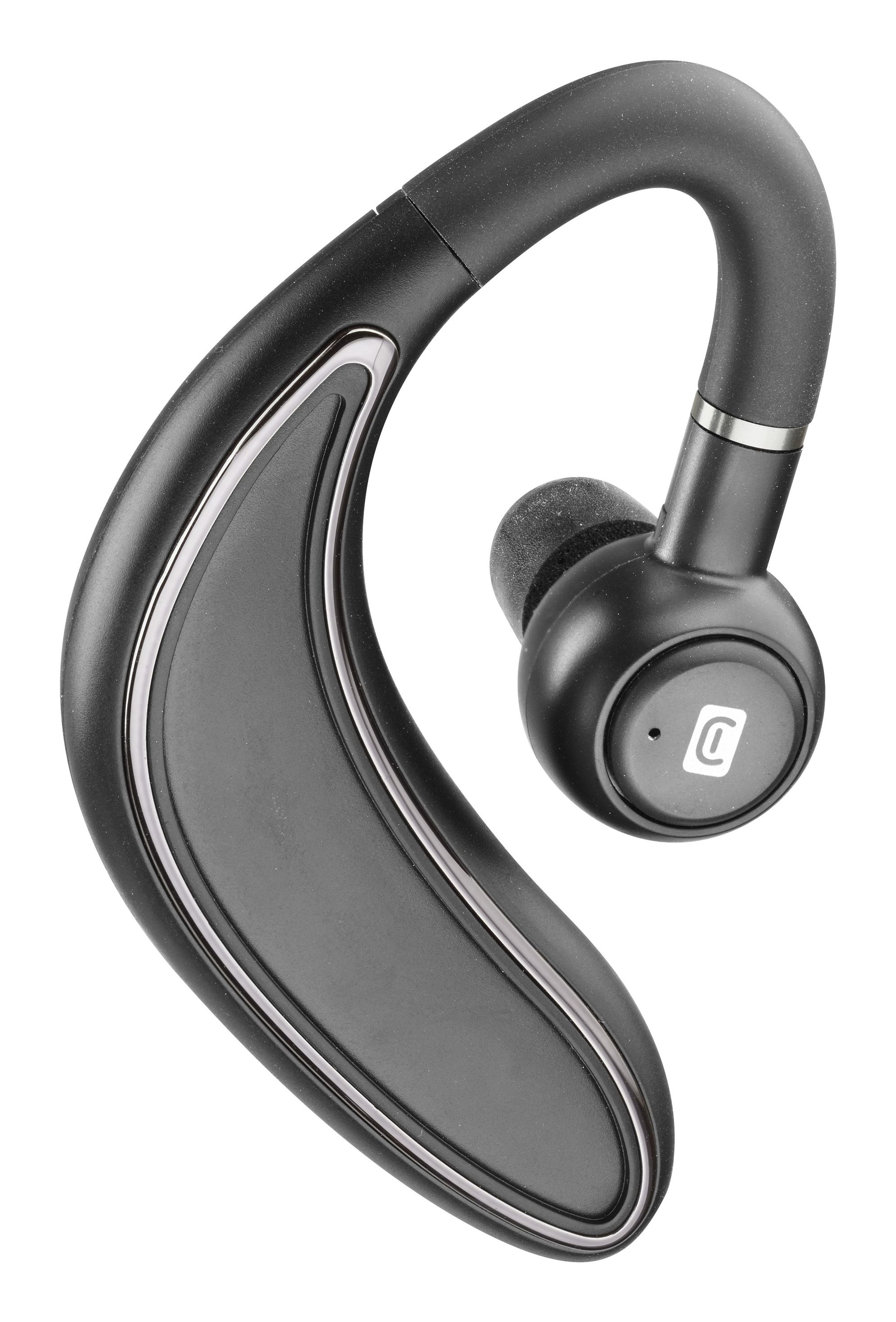 Un auricular inalámbrico negro con un diseño curvo, con un detalle plateado metálico.