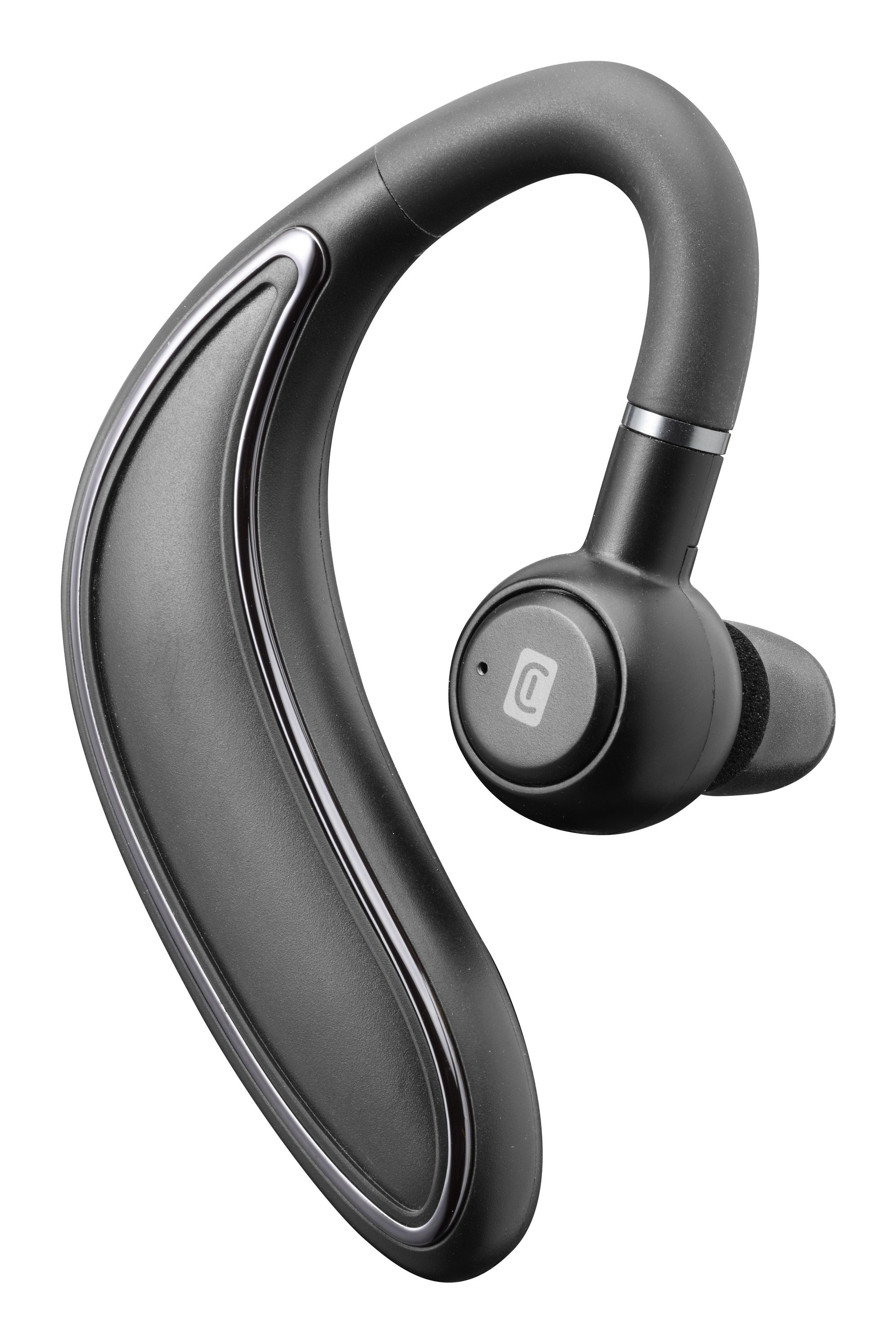 Un auricular Bluetooth gris oscuro y curvo con un acento plateado y un botón con el logo 'C'.