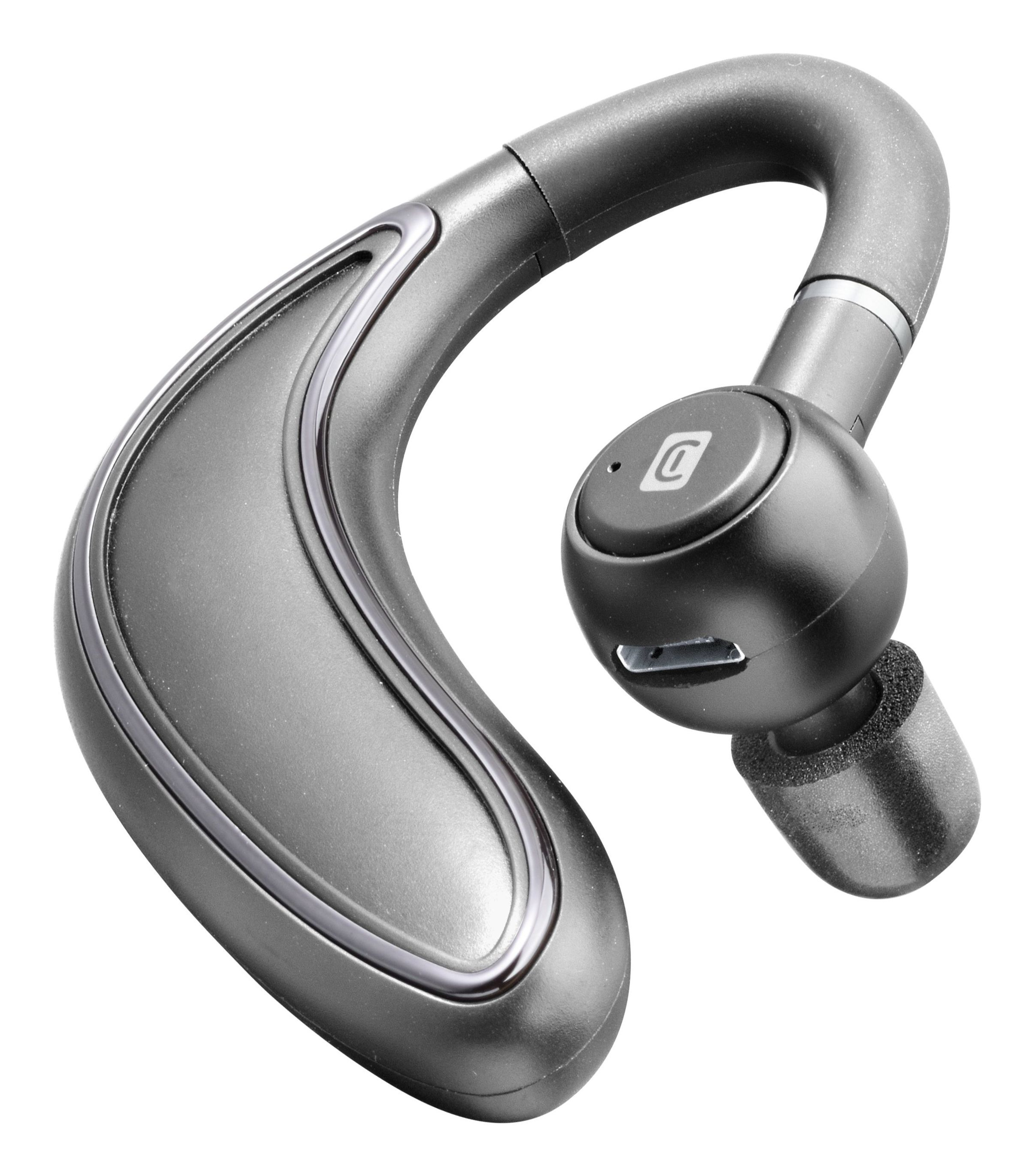 Un auricular Bluetooth gris con un diseño curvo.