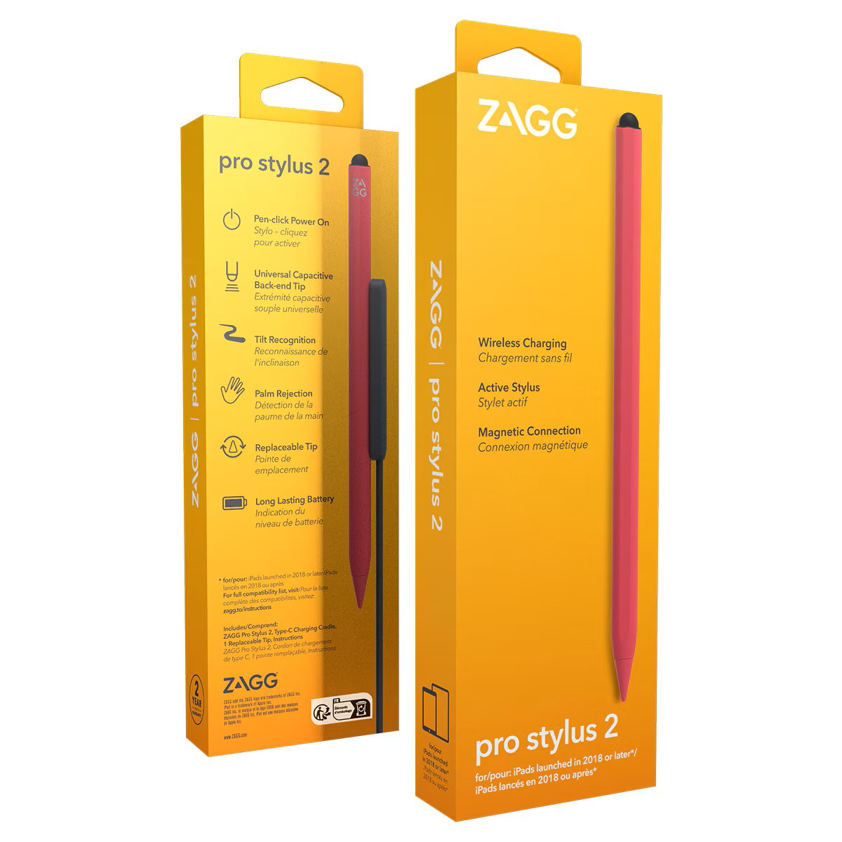 Dwa pudełka ZAGG Pro Stylus 2 z czerwonym rysikiem i jego funkcjami.